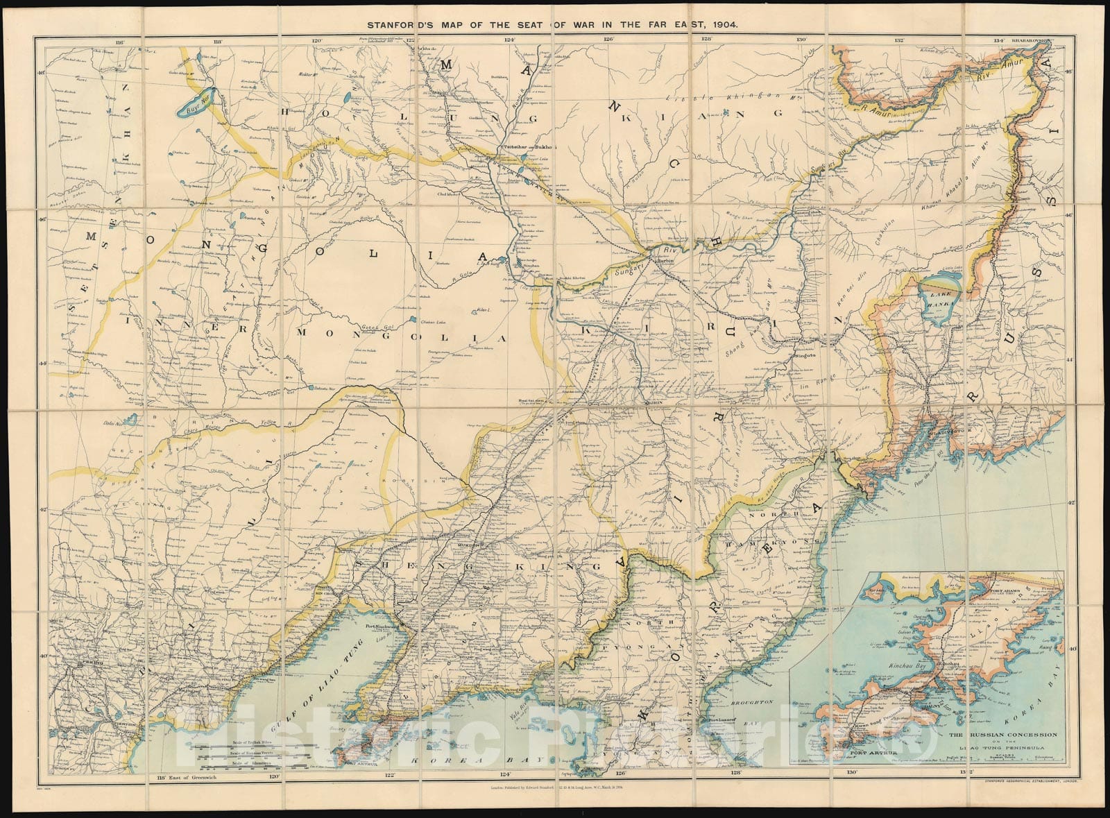 Historic Map : Manchuria and China "Russo-Japanese War", Stanford, 1904, Vintage Wall Art
