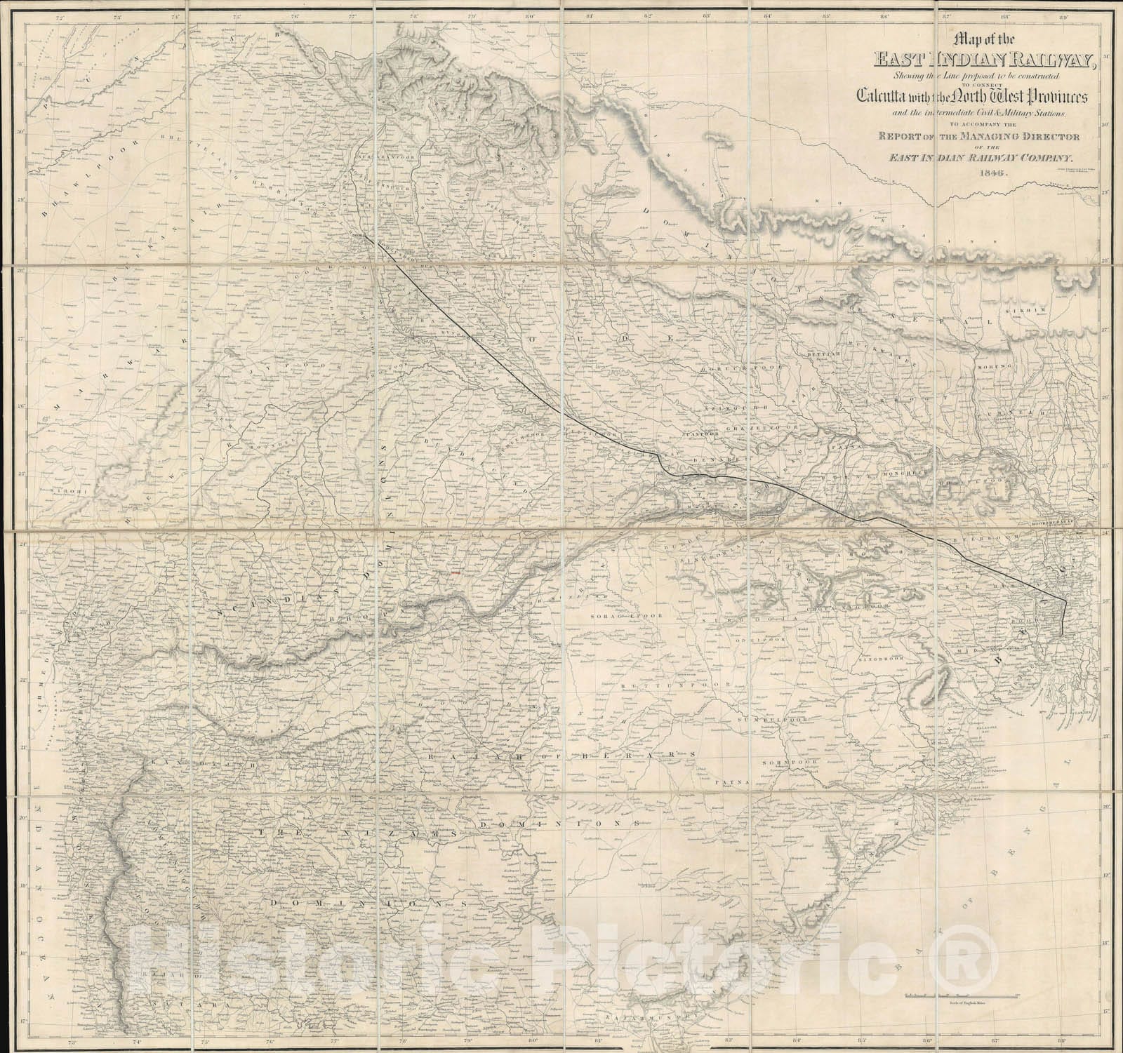 Historic Map : Proposed East Indian Railway Calcutta - Delhi, India, Walker, 1846, Vintage Wall Art