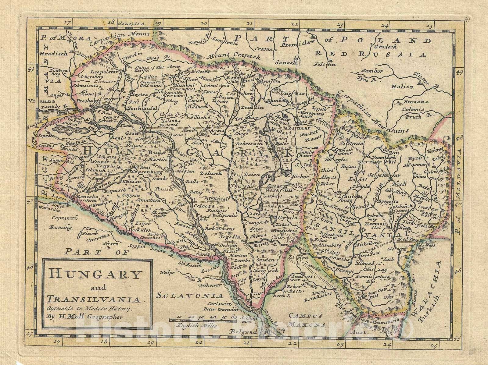 Historic Map : Hungary and Transylvania "Romania", Moll, 1736, Vintage Wall Art