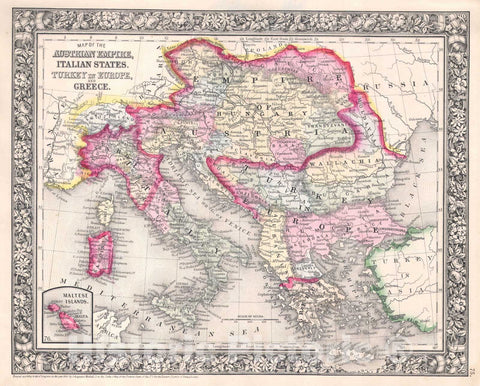 Historic Map : Italy, Greece and The Austrian Empire, Mitchell, 1864, Vintage Wall Art