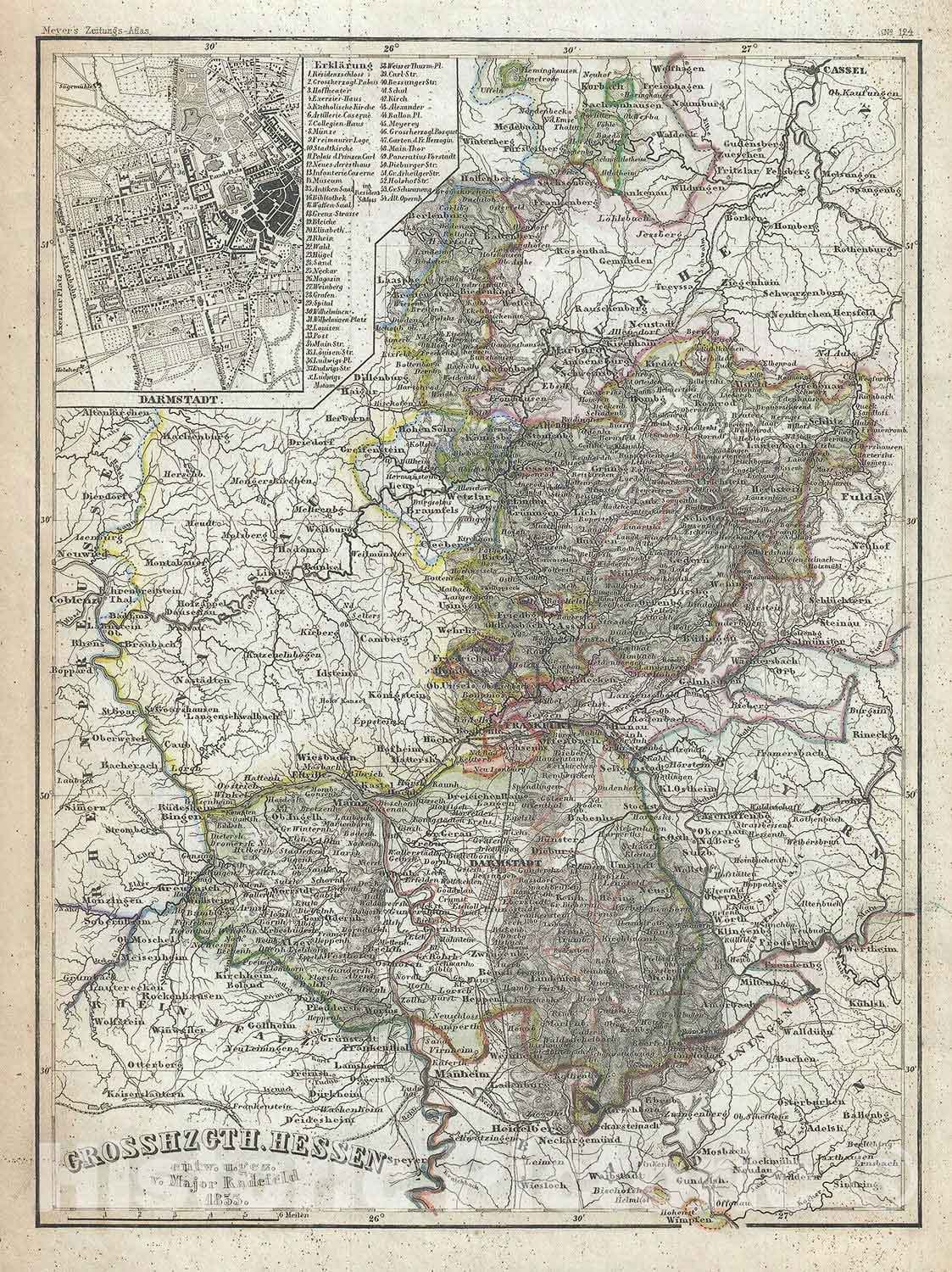 Historic Map : The Grand Duchy of Hesse, Germany, Meyer, 1853, Vintage Wall Art