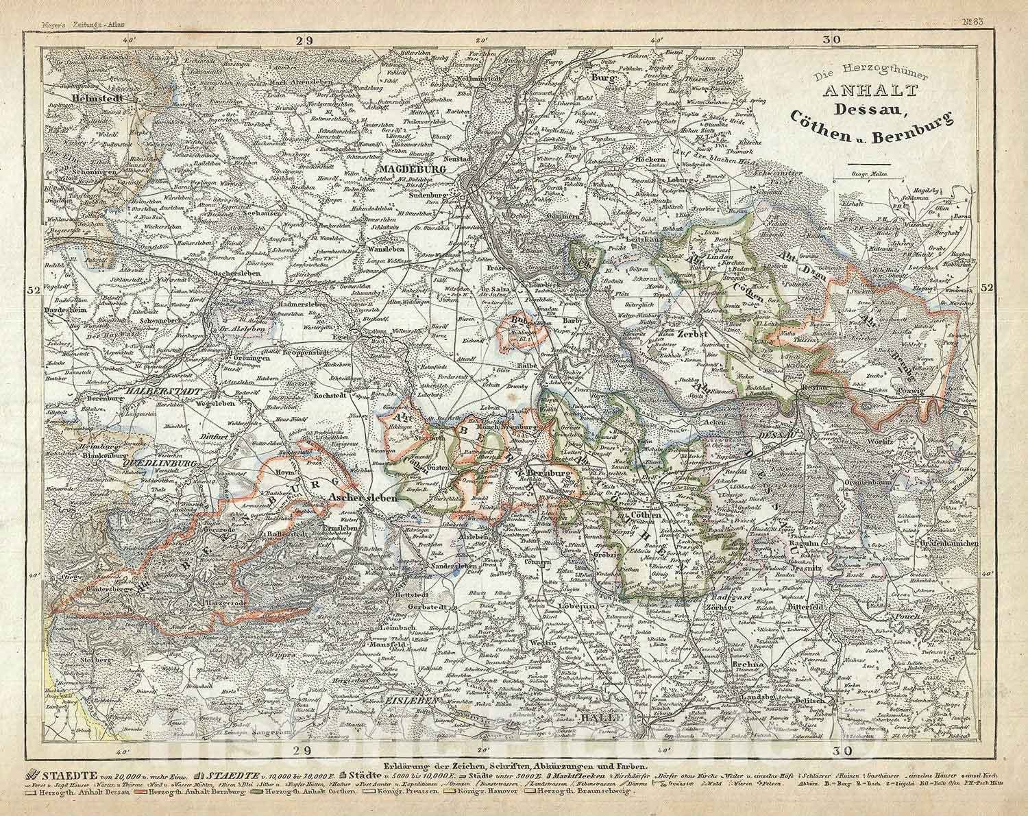 Historic Map : The Duchies of Anhalt Dessau, Anhalt Kothen and Anhalt, Saxony-Anhalt, Germany, Meyer, 1852, Vintage Wall Art