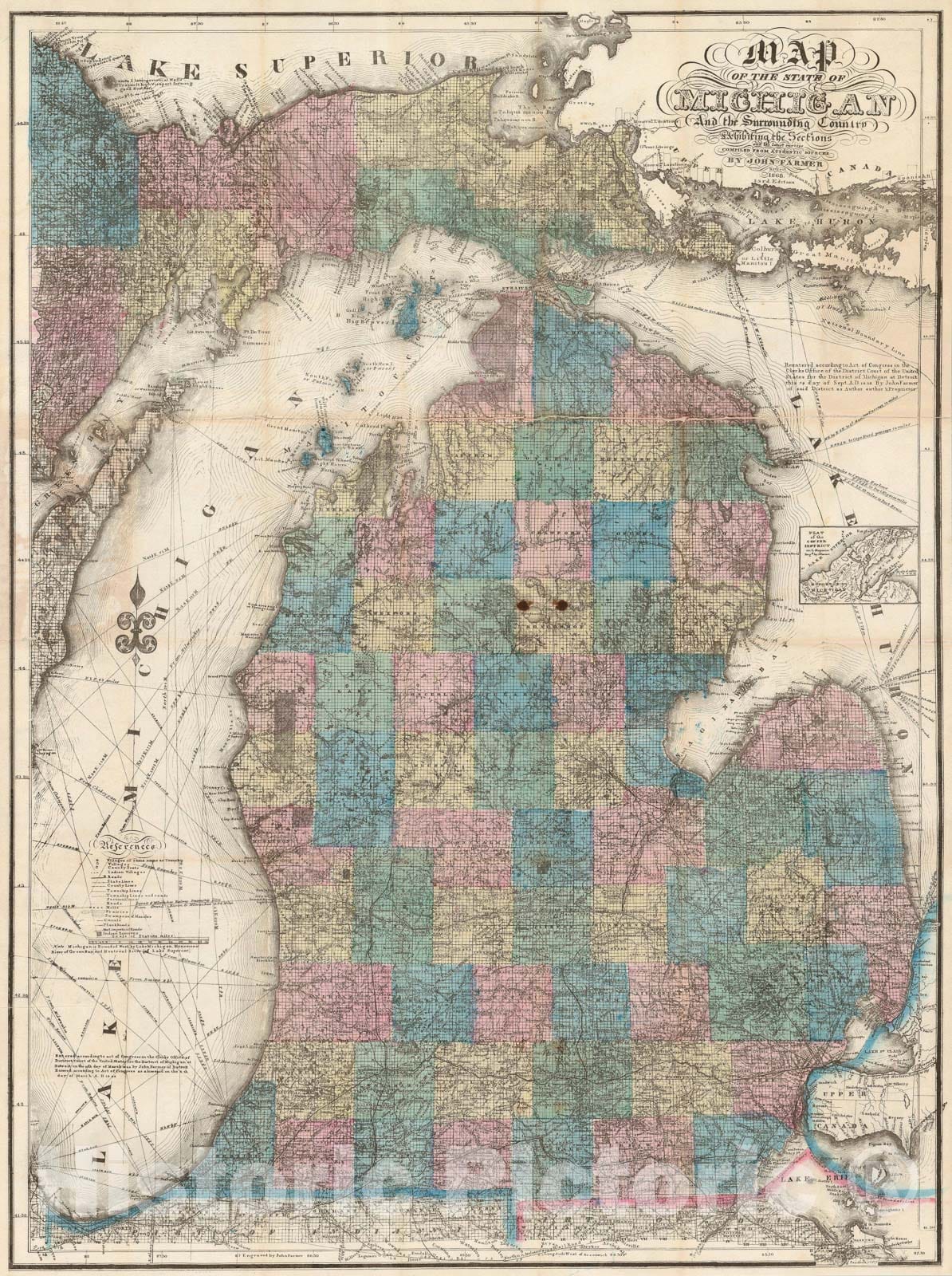 Historic Map : Michigan, John Farmer, 1868, Vintage Wall Art