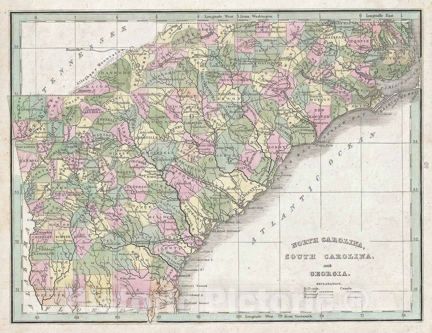 Historic Map : North Carolina, South Carolina and Georgia, BraArtd, 1835, Vintage Wall Art