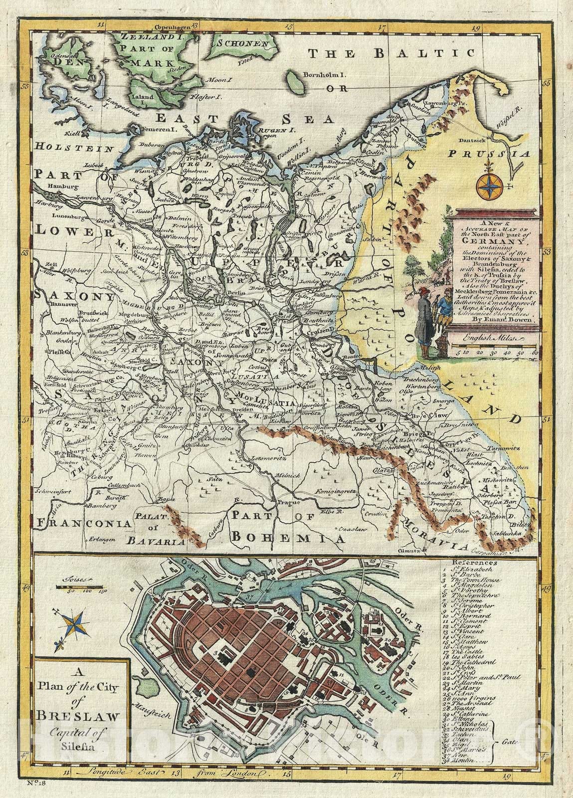 Historic Map : Northeastern Germany "Saxony, Brandenburg", Bowen, 1747, Vintage Wall Art