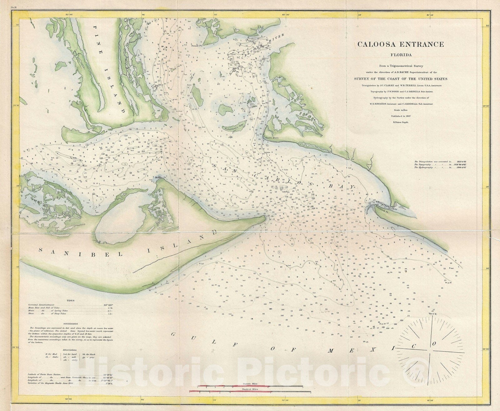 Historic Map : Caloosa River and The San Carlos Bay, Florida, U. S. Coast Survey, 1867, Vintage Wall Art