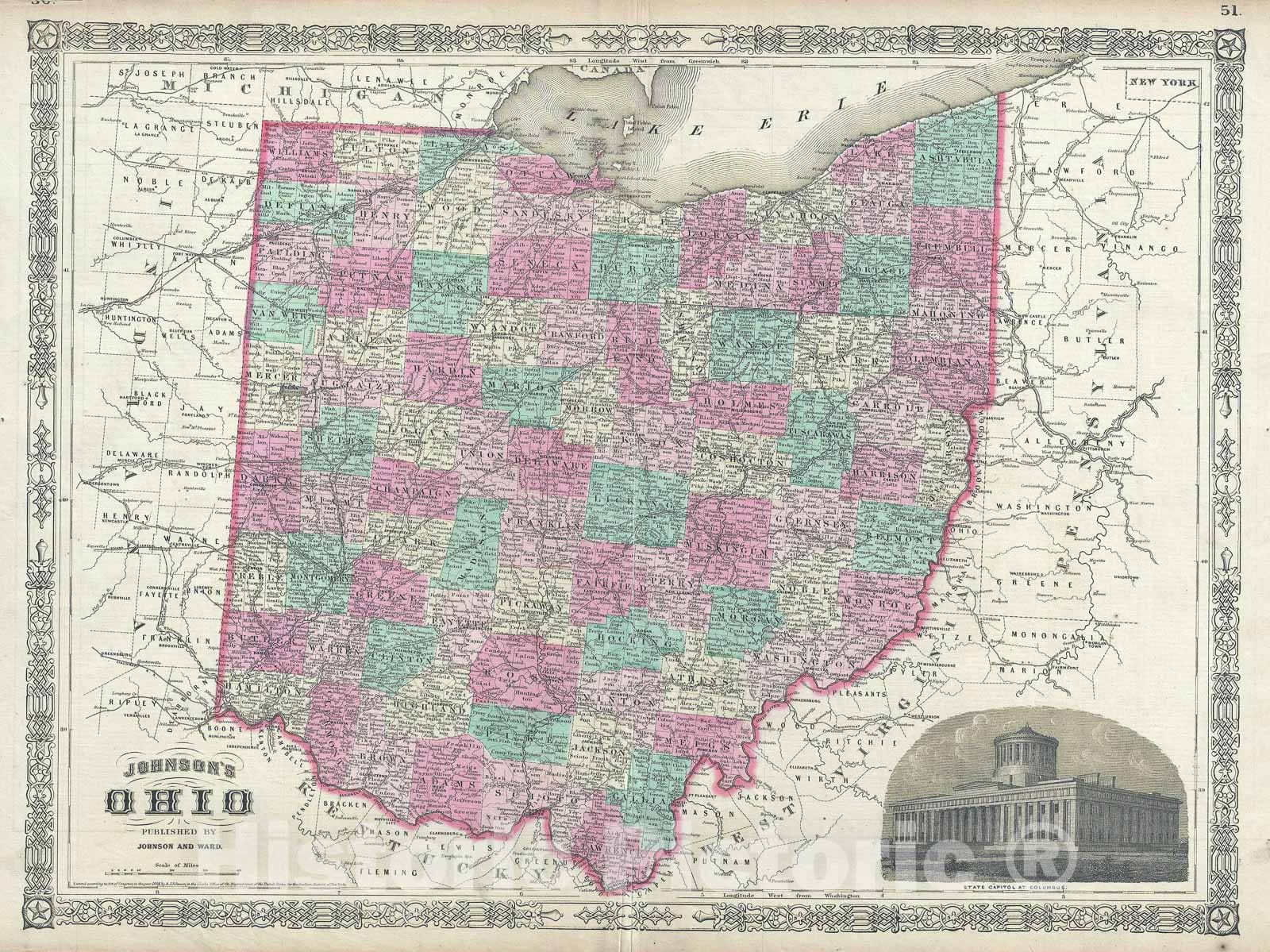Historic Map : Ohio, Johnson, 1866, Vintage Wall Art