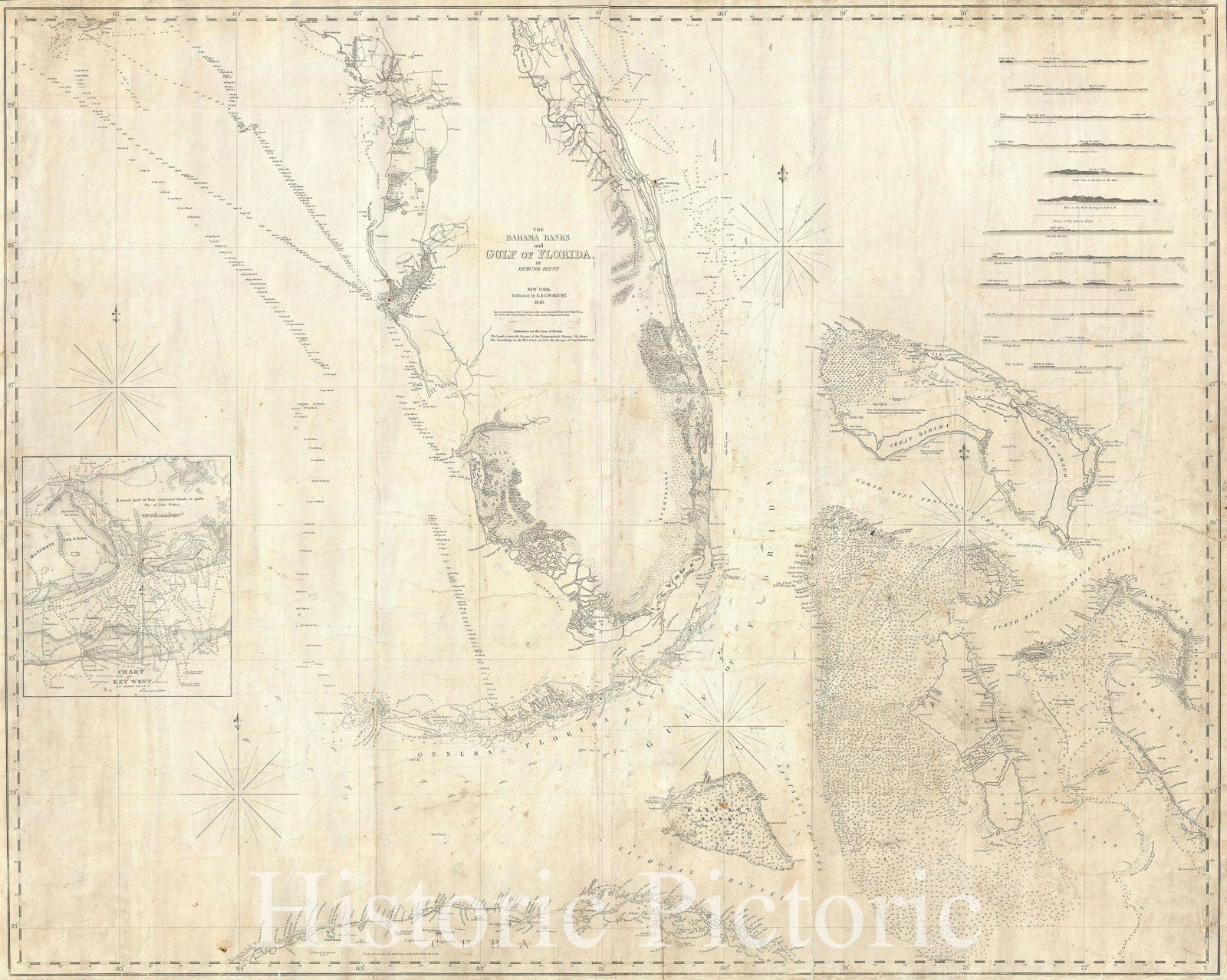 Historic Map : Nautical Chart Florida and The Bahama Banks, Edmond Blunt, 1848, Vintage Wall Art