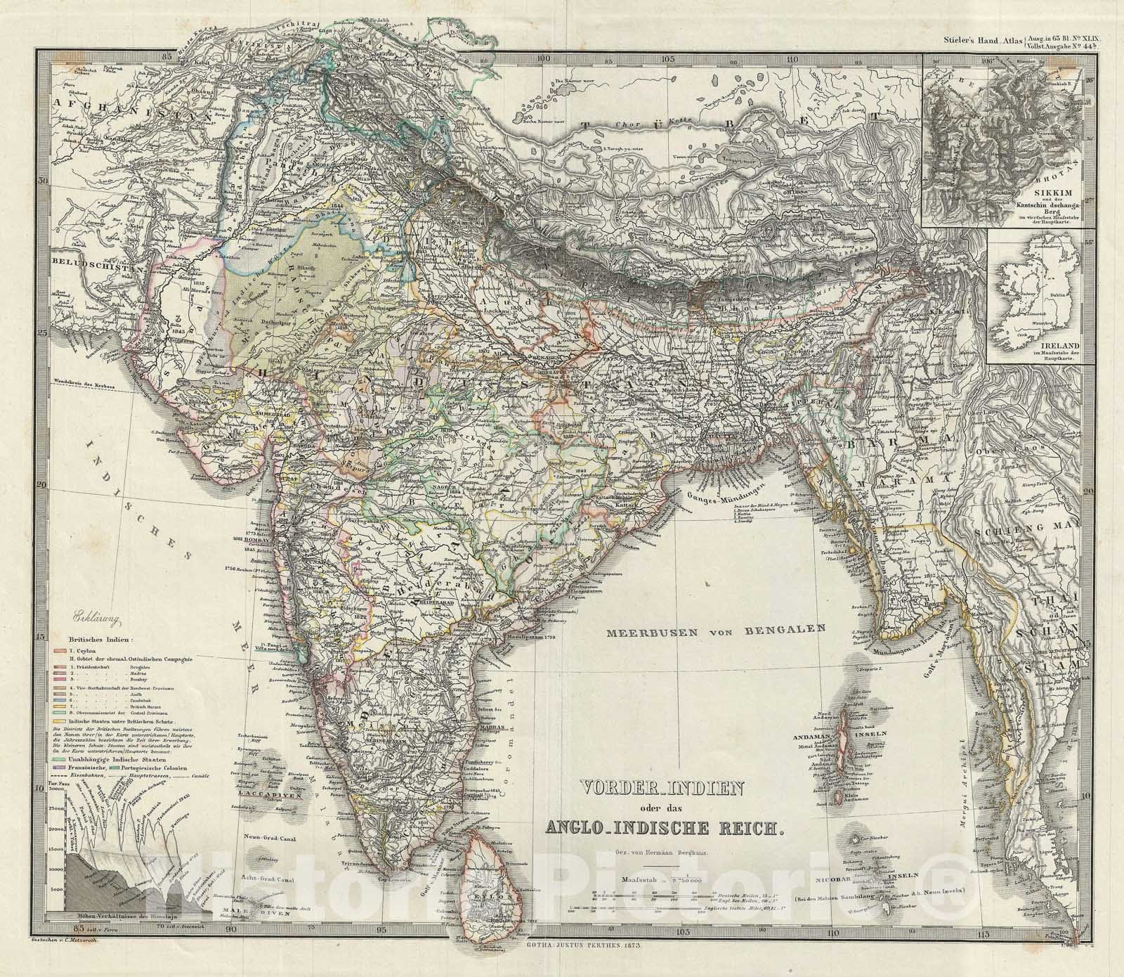 Historic Map : The Indian Subcontinent, Stieler, 1873, Vintage Wall Art