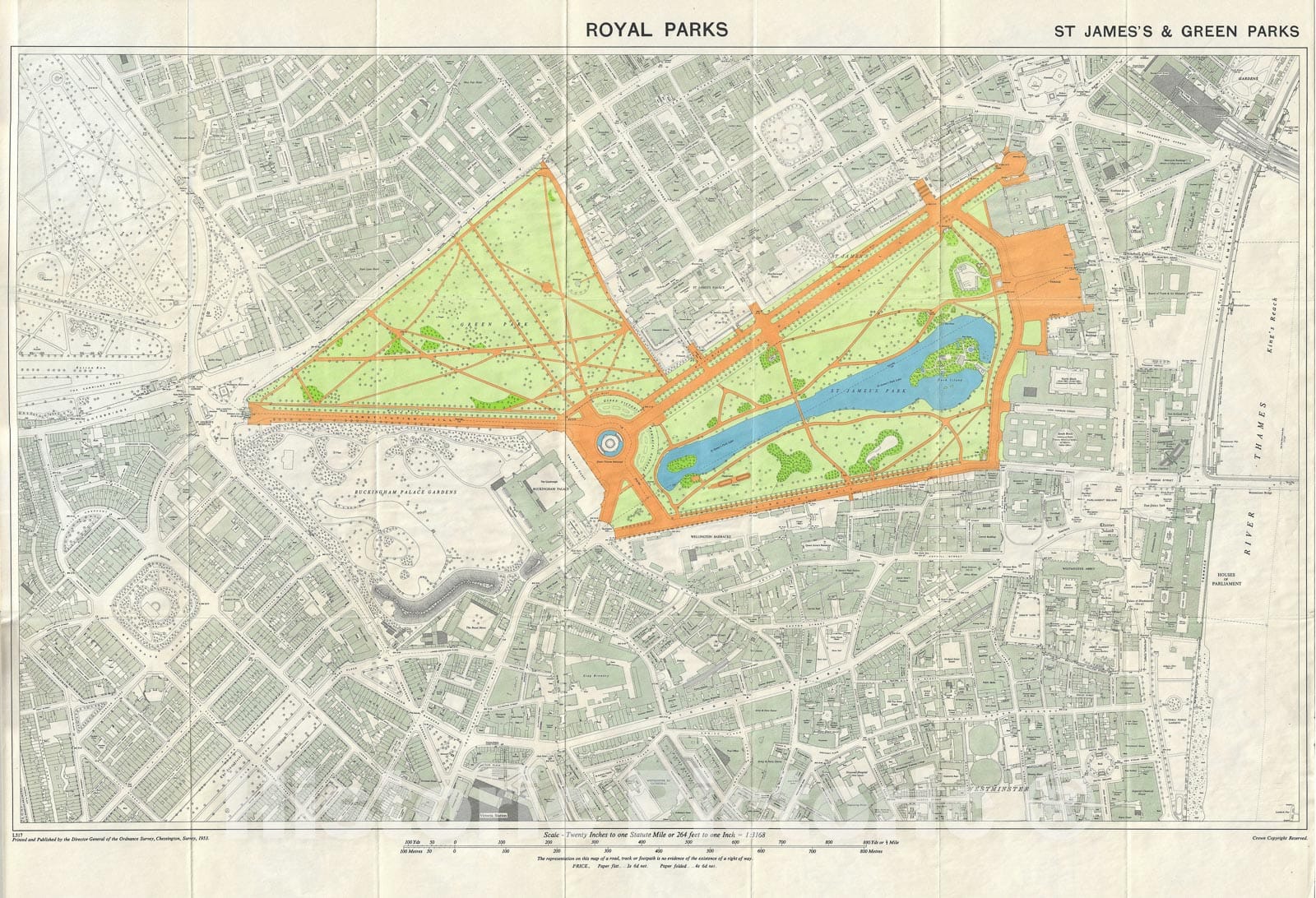 Historic Map : The St. James's and Green Parks "Royal Parks", London, England, Ordnance Survey, 1953, Vintage Wall Art
