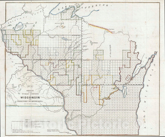 Historic Map : Sargent Public Survey Map of Wisconsin, 1852, Vintage Wall Art