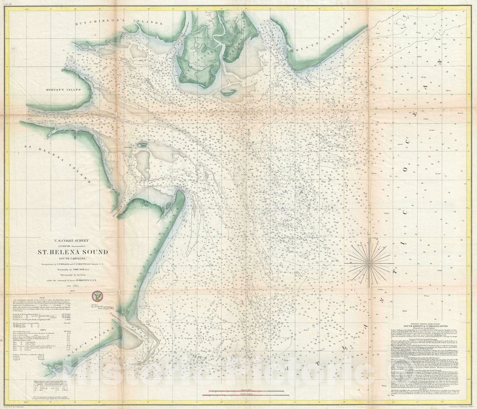 Historic Map : Nautical Chart St. Helena Sound, South Carolina, U.S. Coast Survey, 1857, Vintage Wall Art