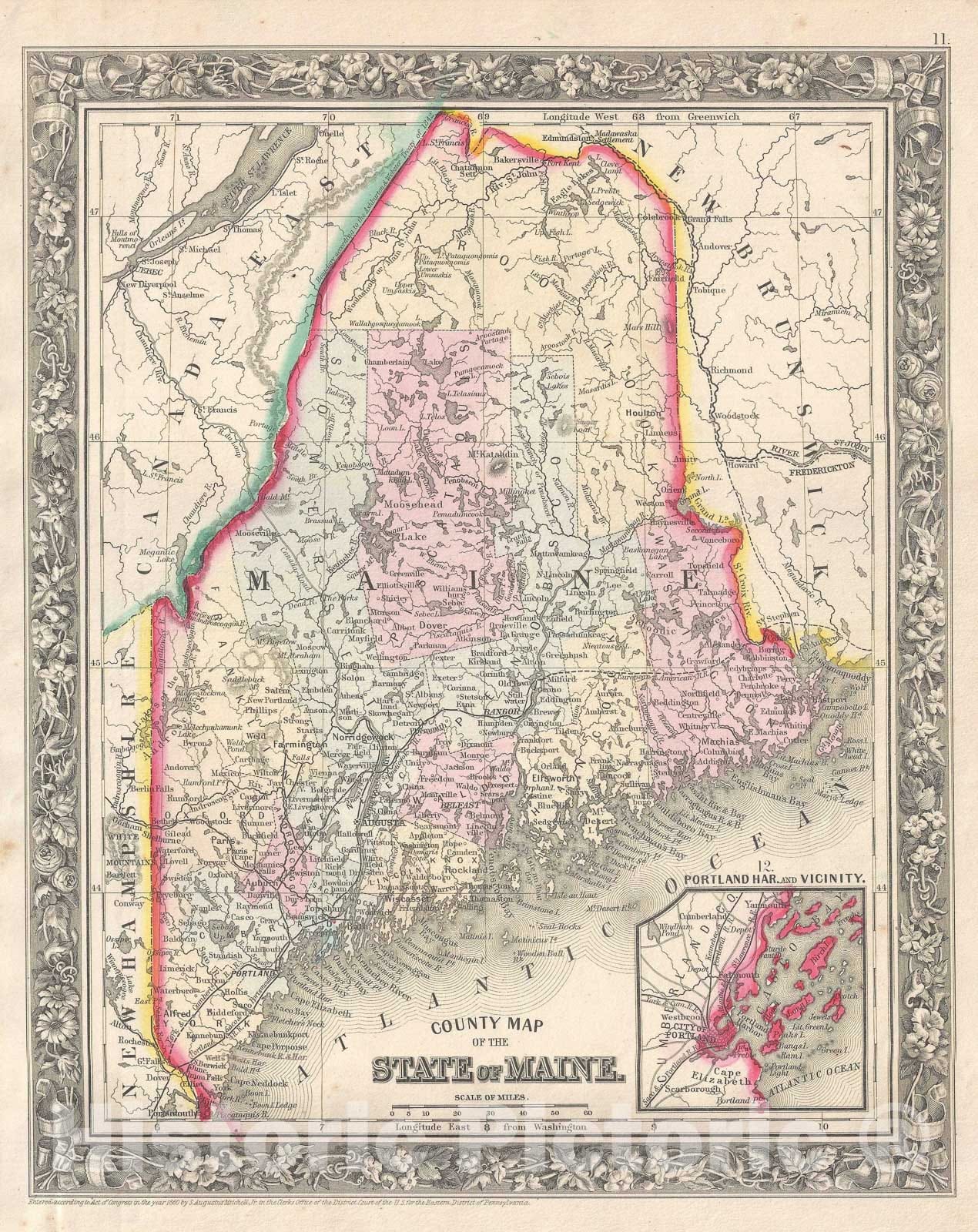 Historic Map : Maine, Mitchell, 1861, Vintage Wall Art