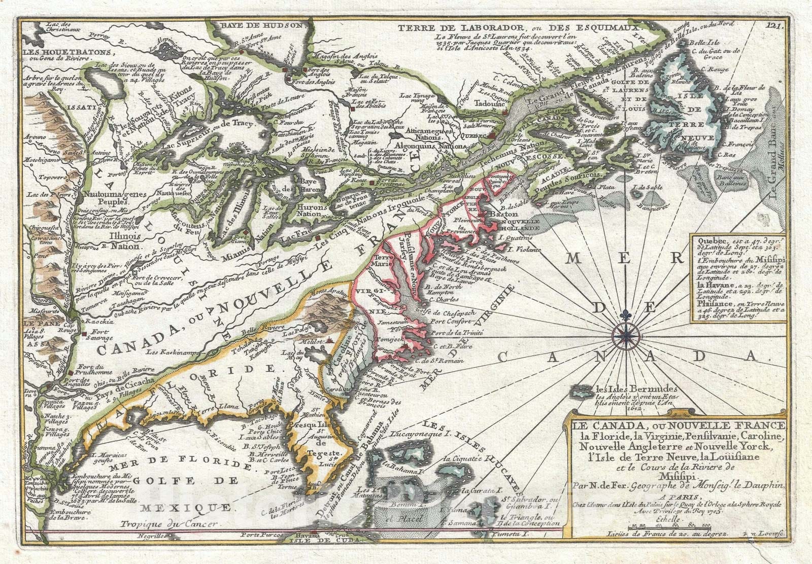Historic Map : North America: Louisiana, Florida, Carolina, Canada, De Fer, 1705, Vintage Wall Art