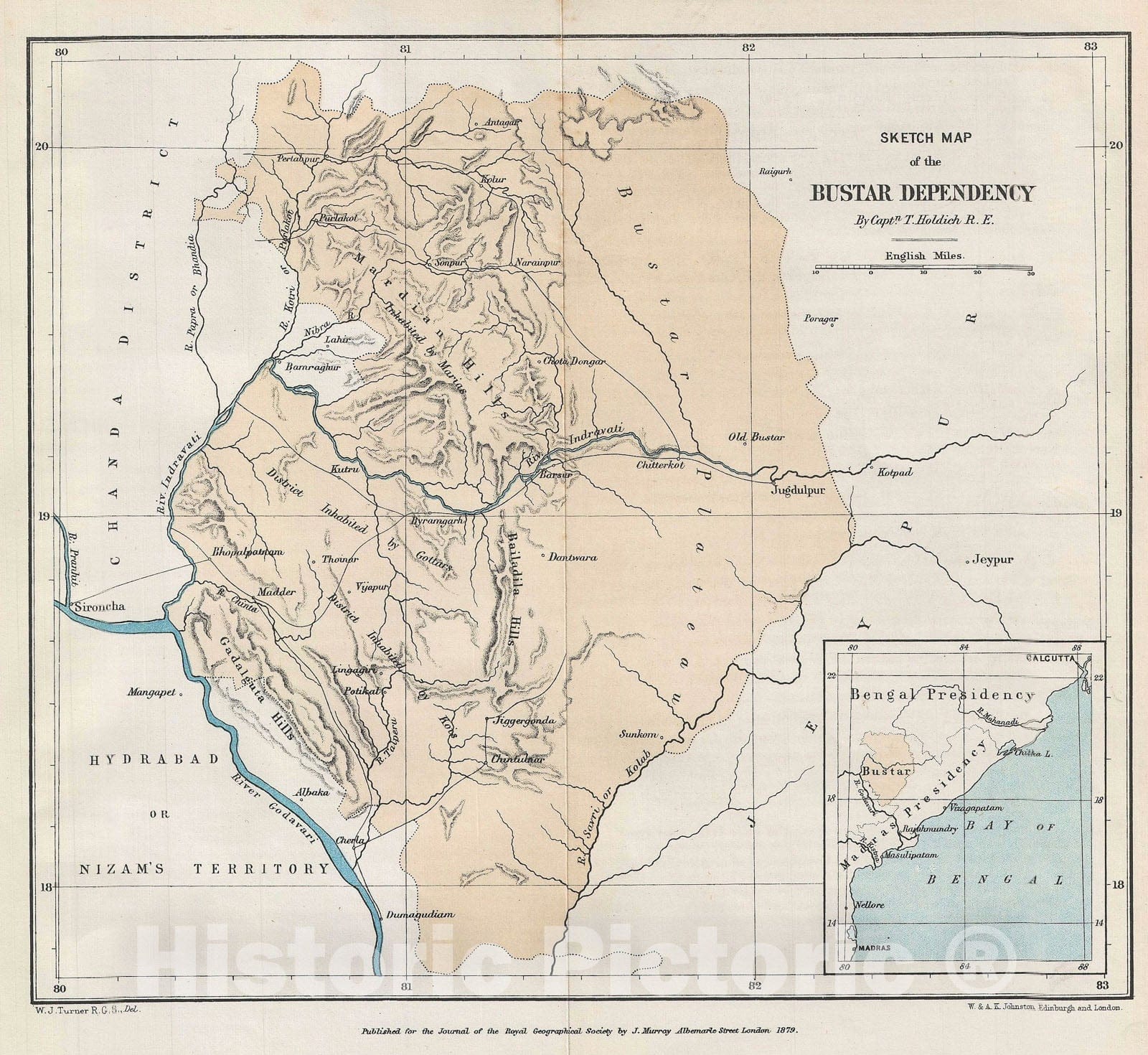 Historic Map : The Bustar Dependency, India, Johnston, 1879, Vintage Wall Art