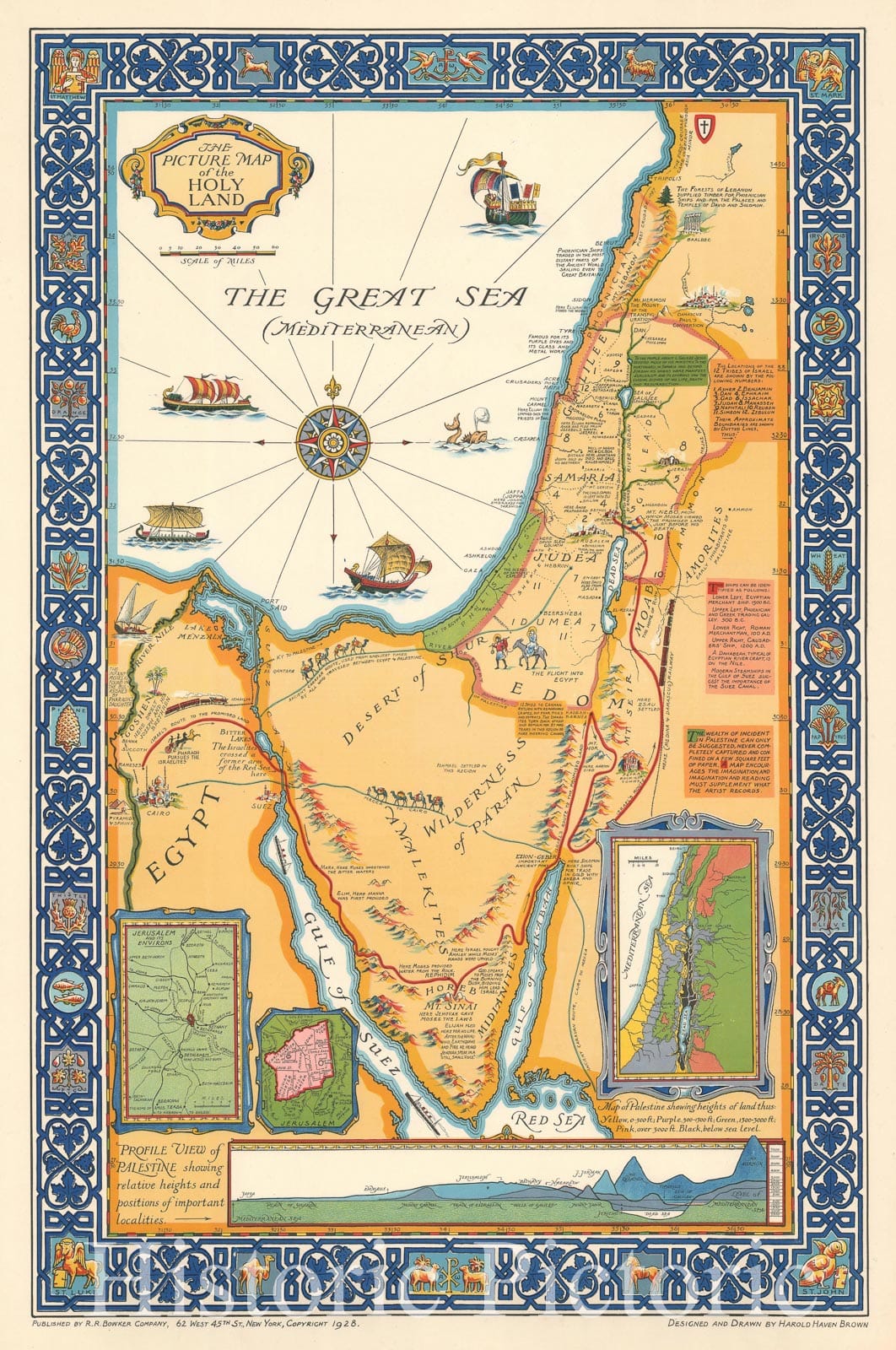 Historic Map : Pictorial Map of The Holy Land / Israel / Palestine w/ Sinai, Brown, 1928, Vintage Wall Art