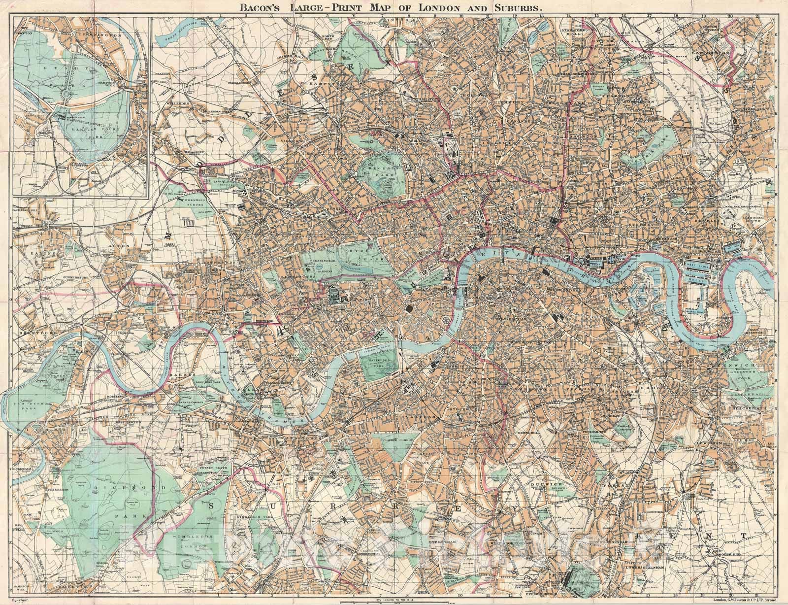 Historic Map : London, England, Bacon, 1882, Vintage Wall Art