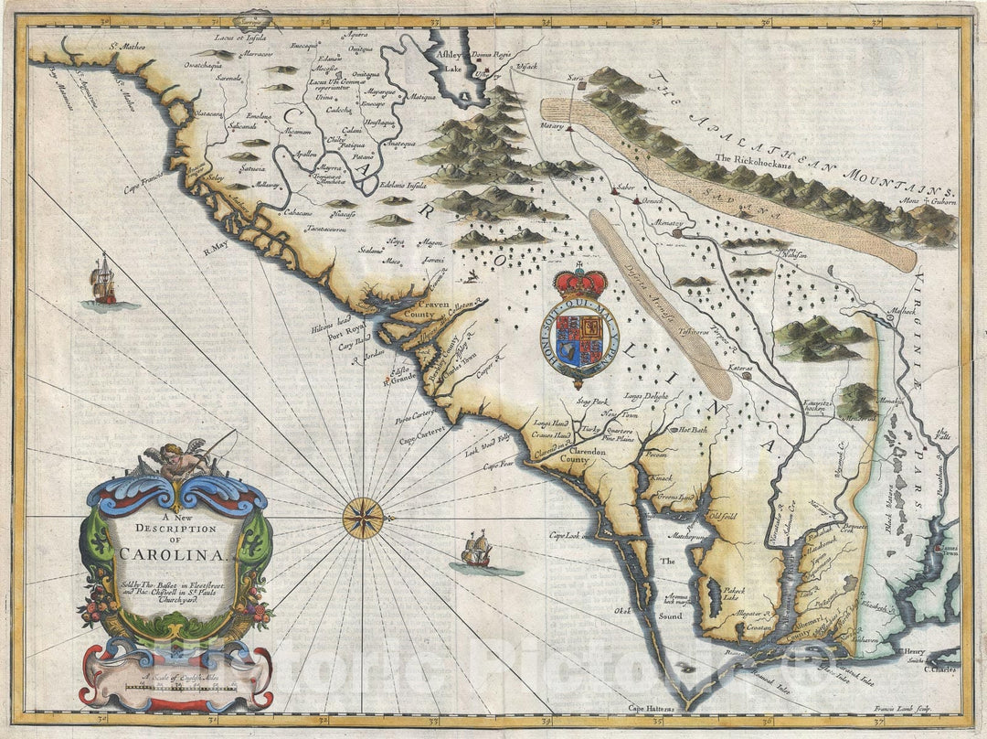Historic Map : Carolina w/ Lederer geography, John Speed, 1676, Vintage Wall Art