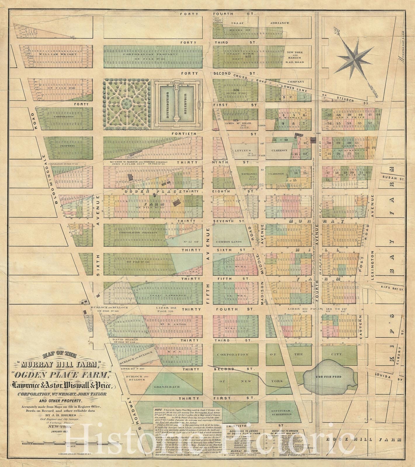 Historic Map : Murray Hill Farm, Midtown Manhattan, New York City, Holmes, 1867, Vintage Wall Art