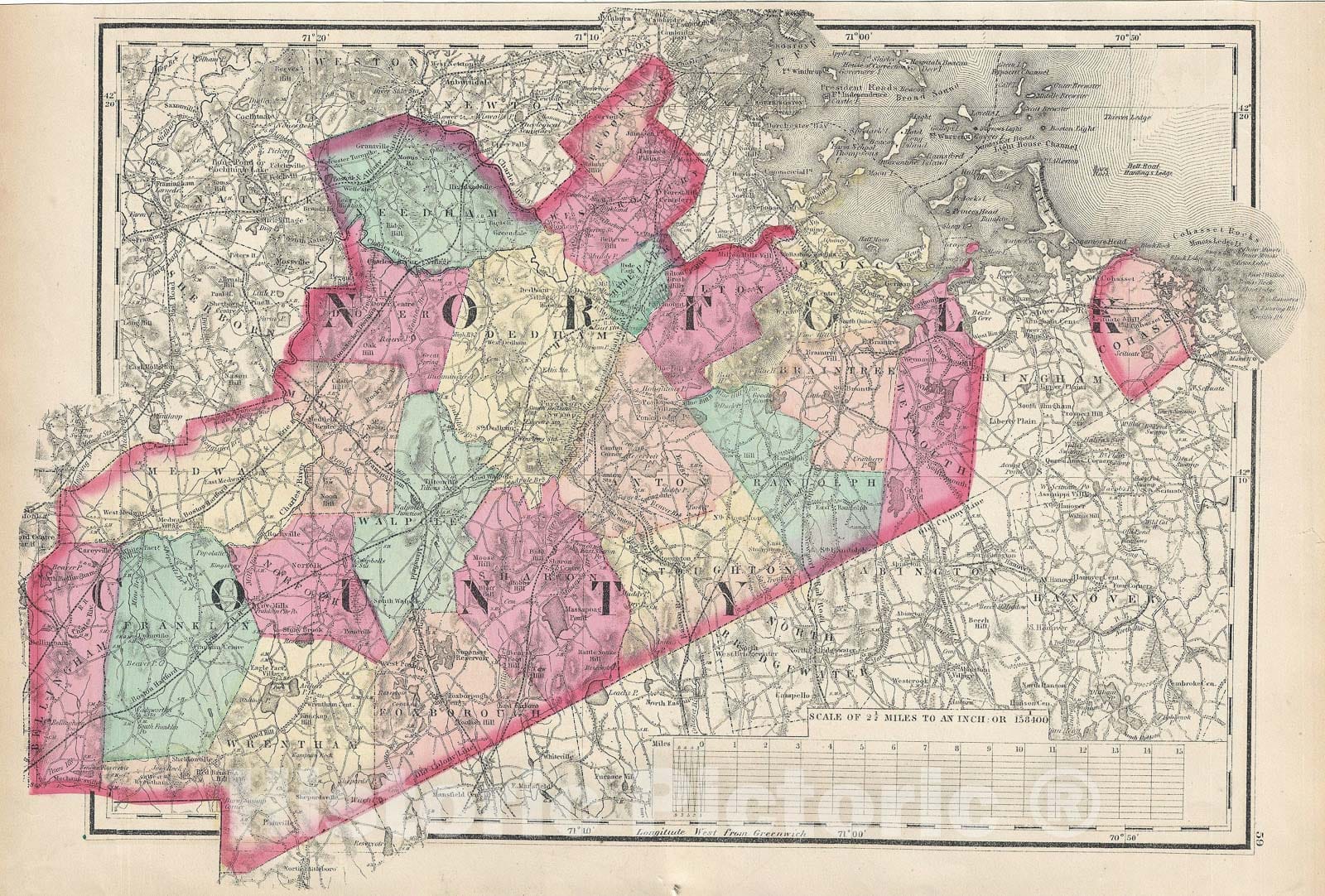 Historic Map : Norfolk County, Massachusetts, Walling and Gray, 1871, Vintage Wall Art