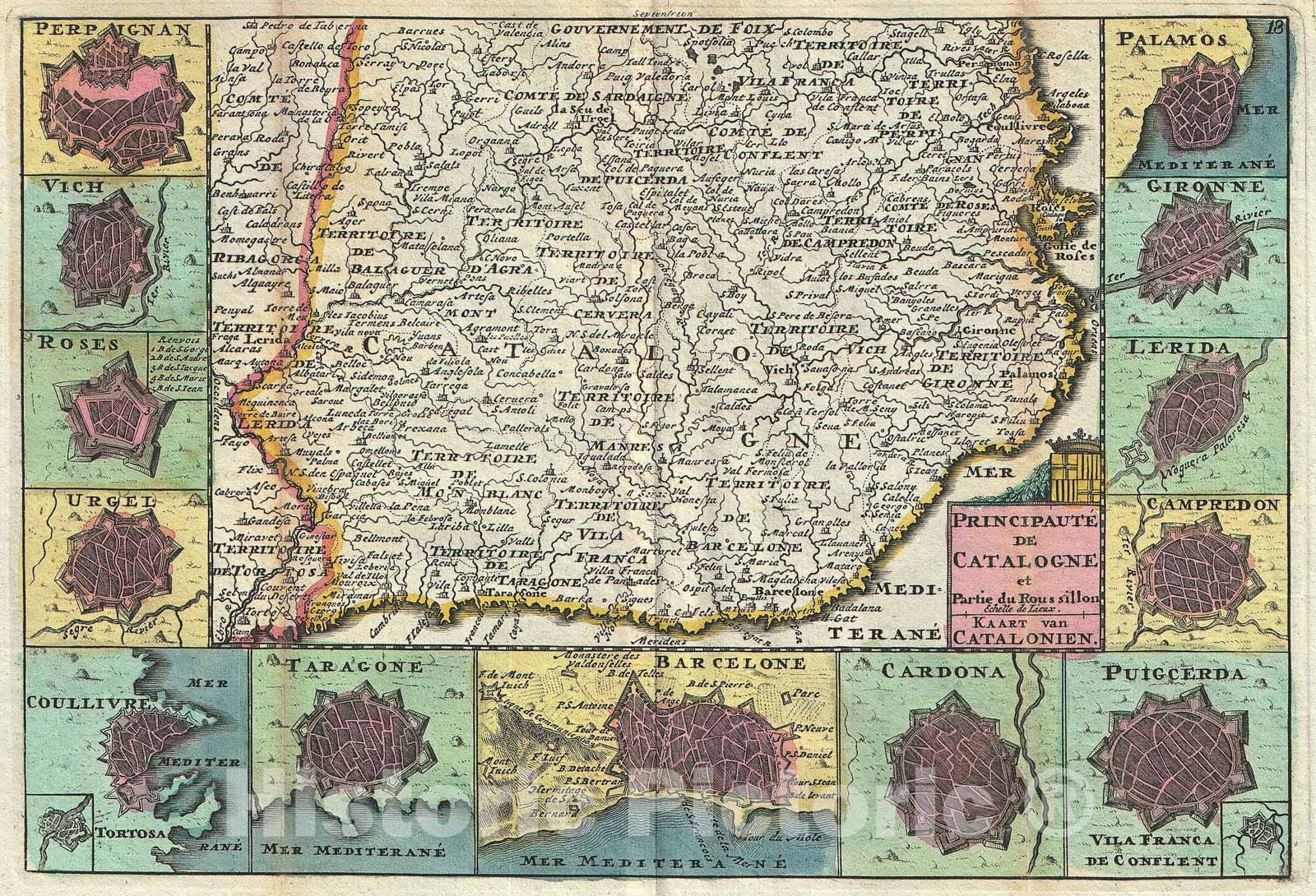 Historic Map : Catalonia, Spain "Barcelona", La Feuille, 1747, Vintage Wall Art