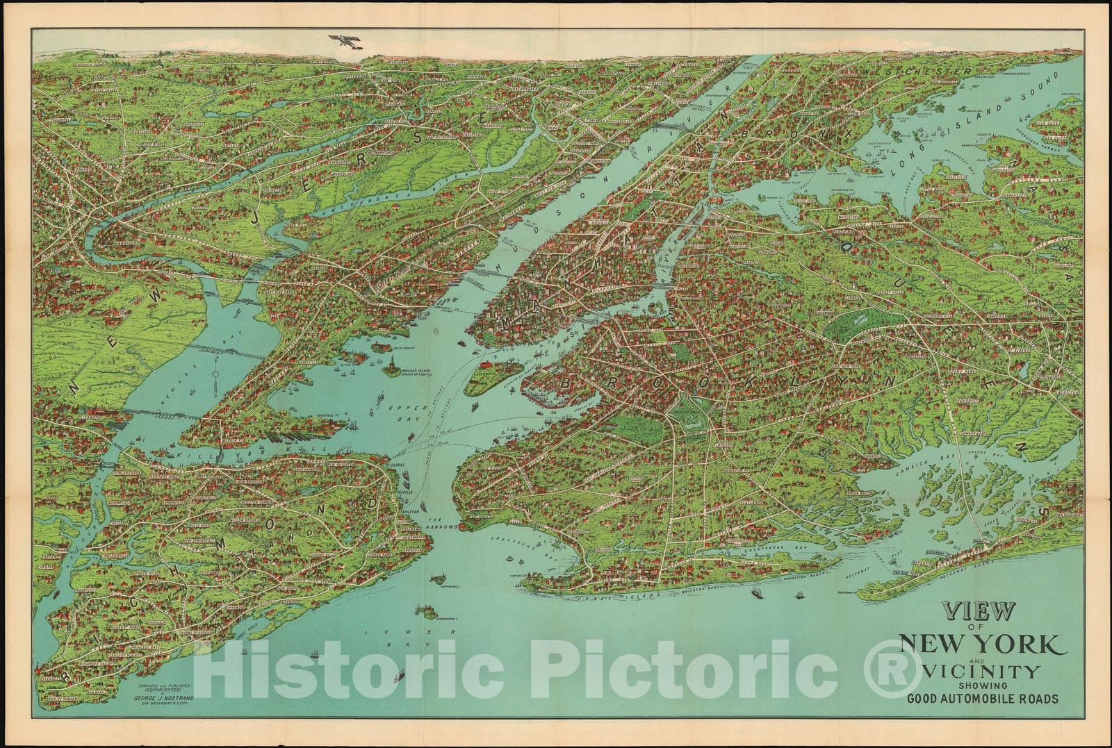 Historic Map : Bird's Eye View New York City, New York, Nostrand, 1928, Vintage Wall Art