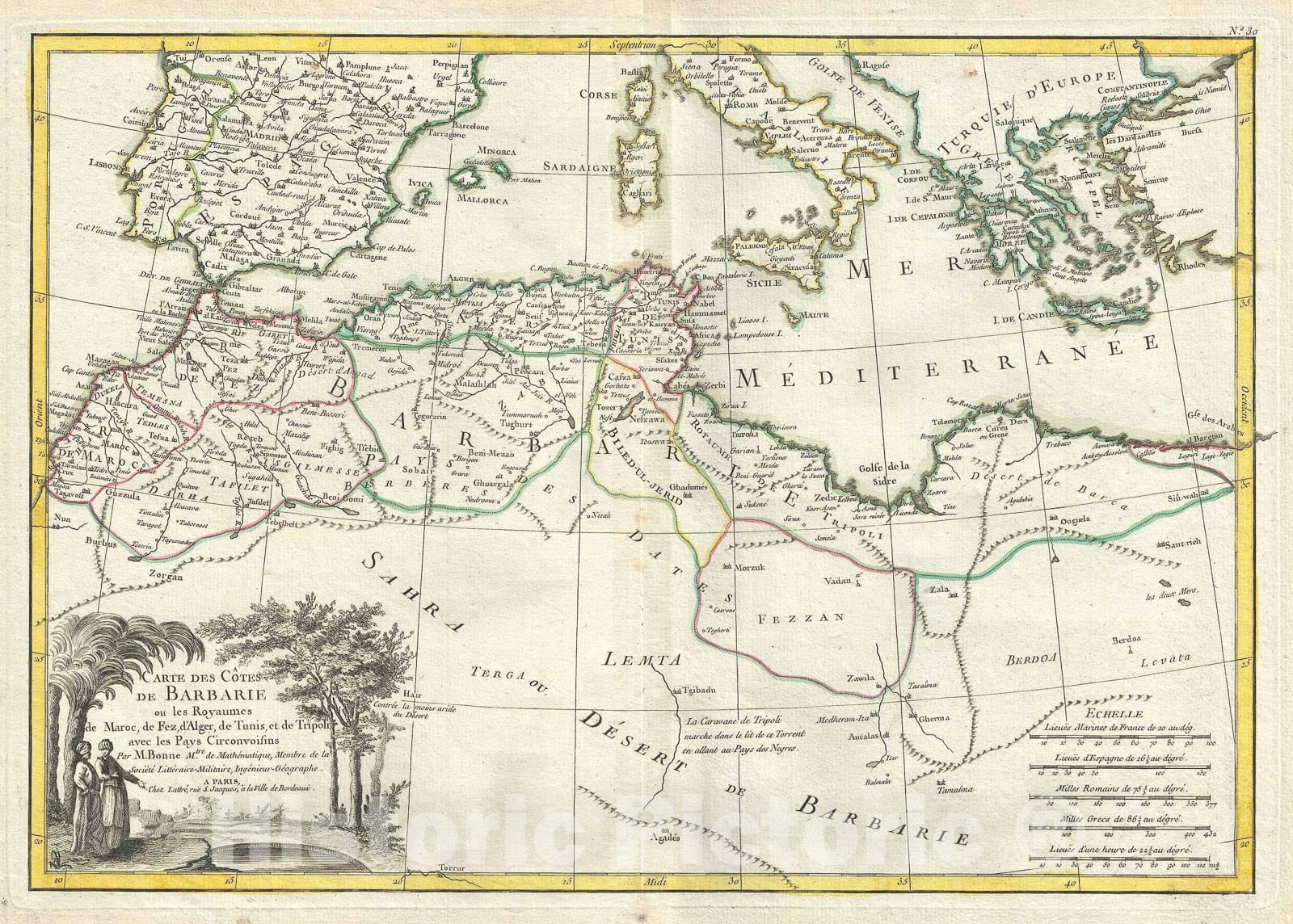Historic Map : The Mediterranean and The Maghreb or Barbary Coast, Bonne, 1778, Vintage Wall Art