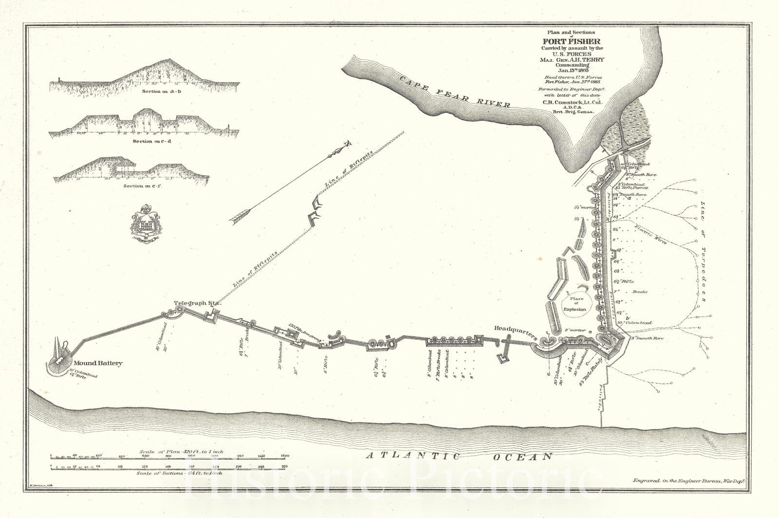 Historic Map : Plan of Fort Fisher at Pleasure Island, North Carolina, Comstock, 1865, Vintage Wall Art