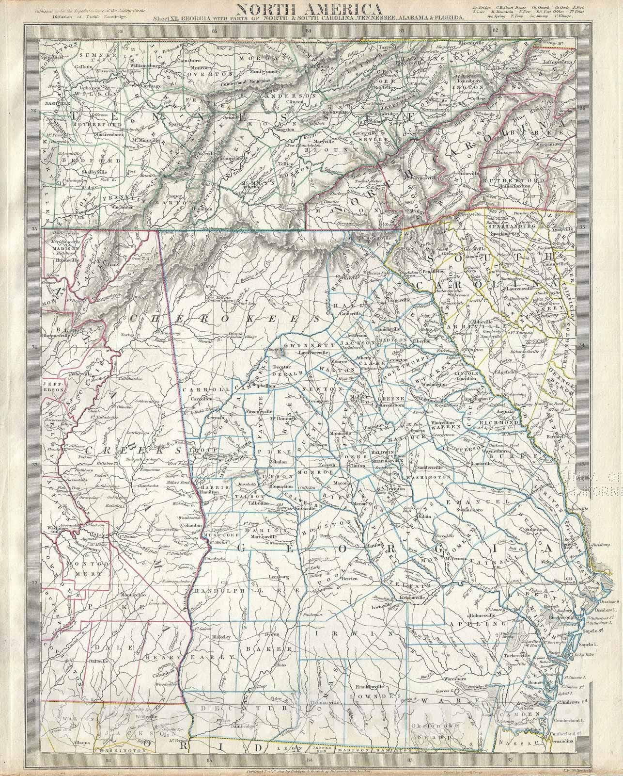 Historic Map : Georgia, Tennessee, Alabama, North Carolina and South Carolina, S.D.U.K., 1833, Vintage Wall Art