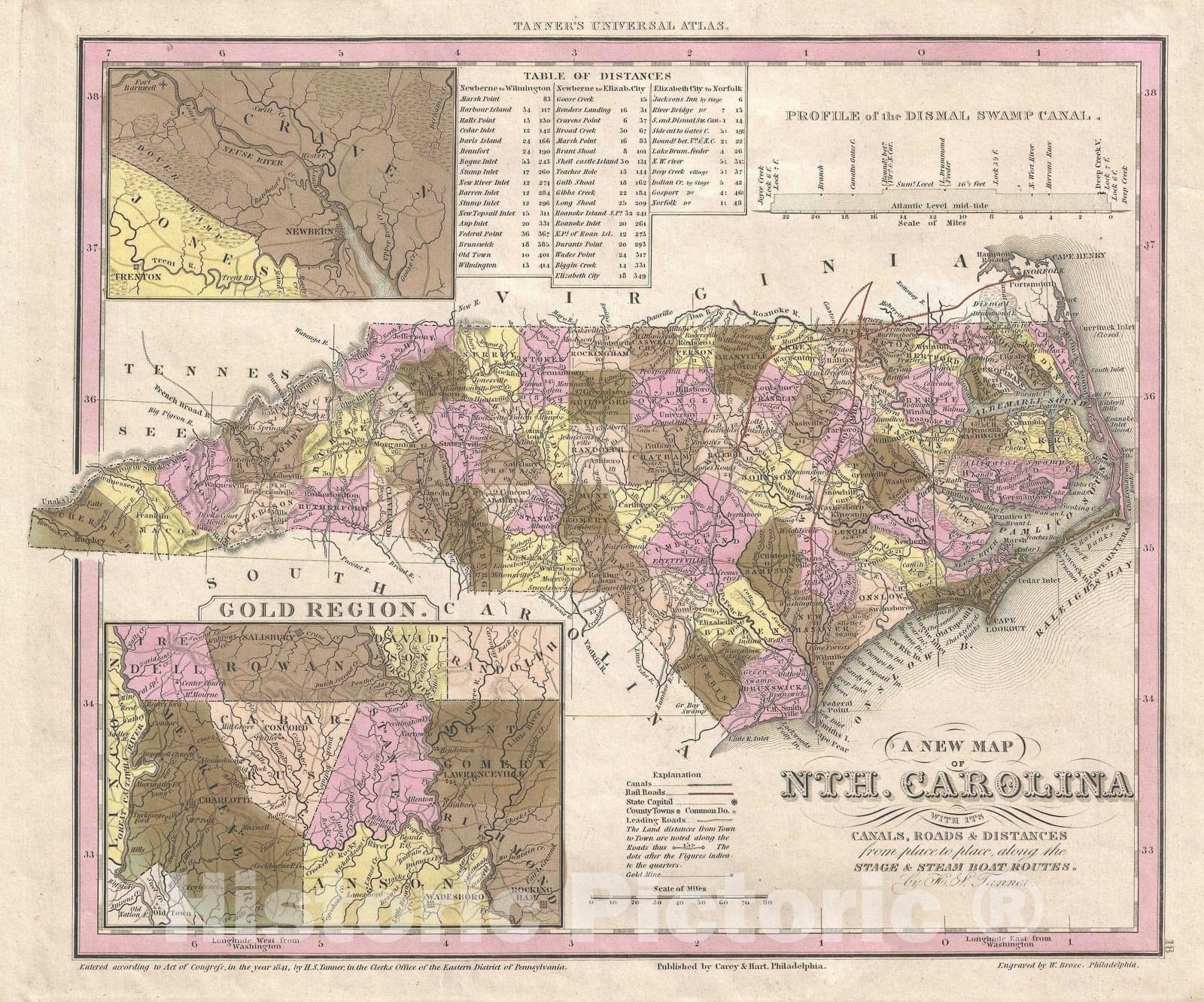 Historic Map : North Carolina, Tanner, 1845, Vintage Wall Art