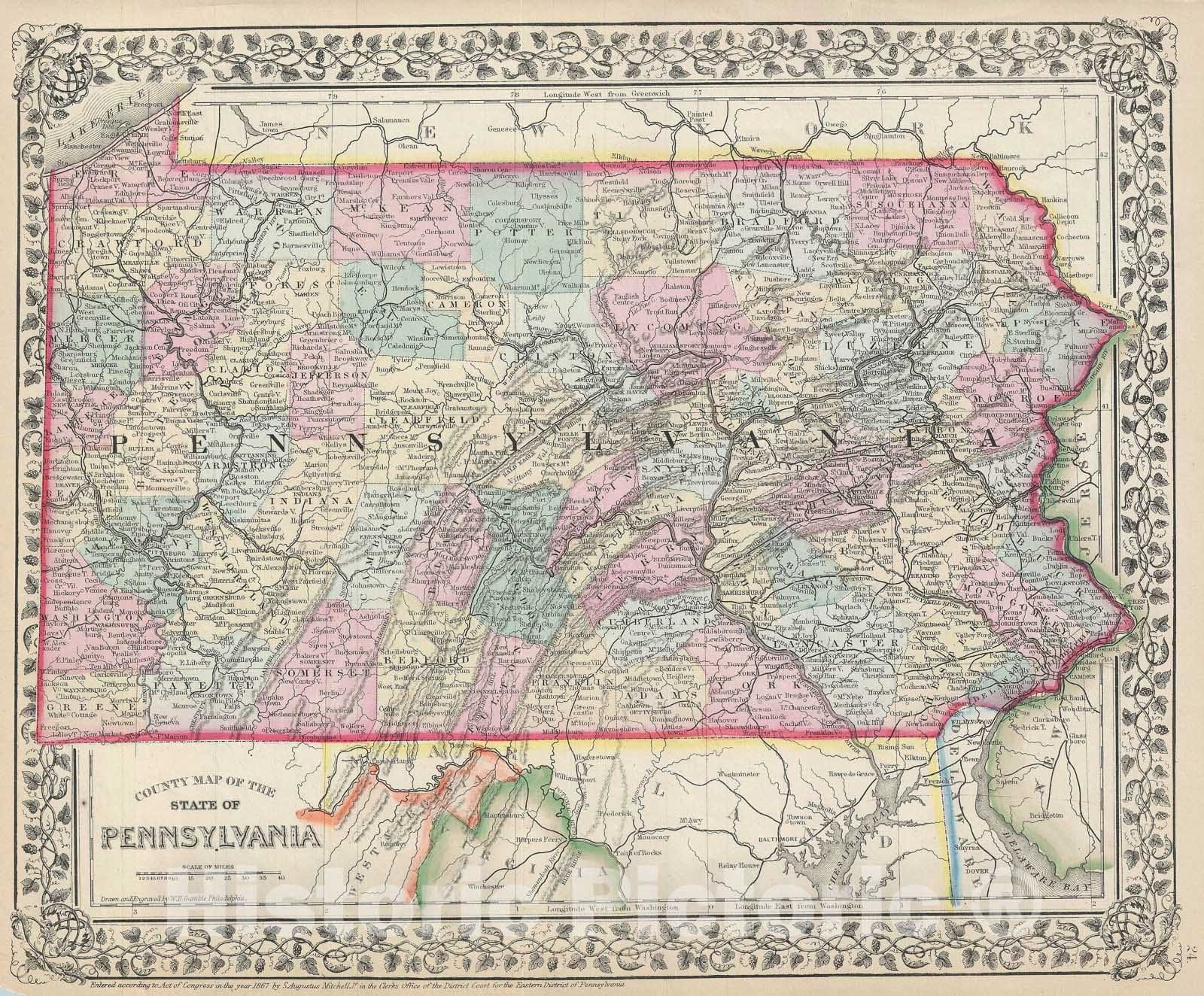 Historic Map : Pennsylvania, Mitchell, 1867, Vintage Wall Art
