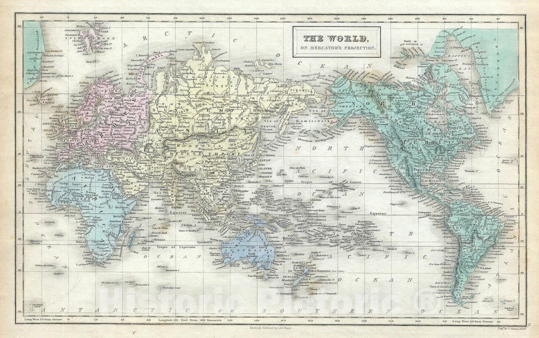 Historic Map : The World on Mercator's Projection, Black, 1851, Vintage Wall Art
