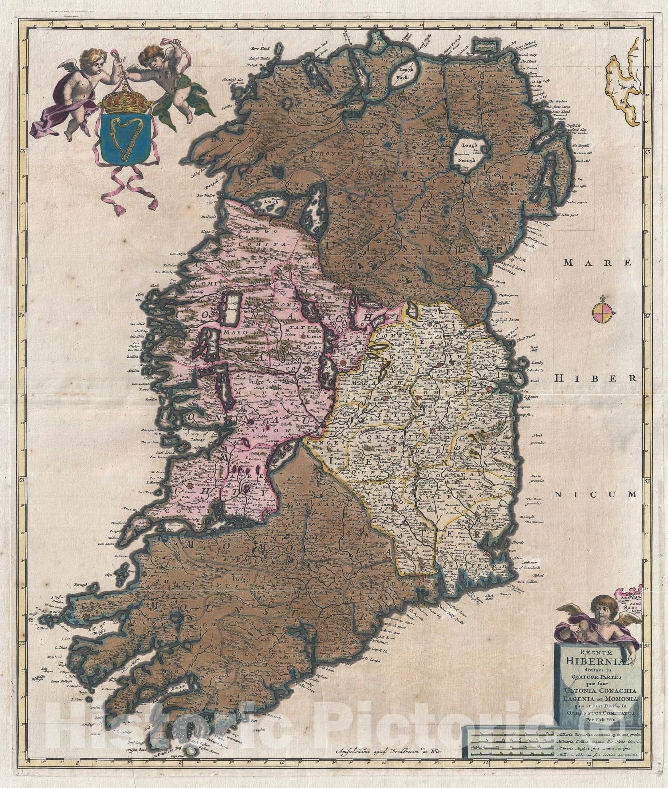 Historic Map : Ireland, De Wit, 1680, Vintage Wall Art