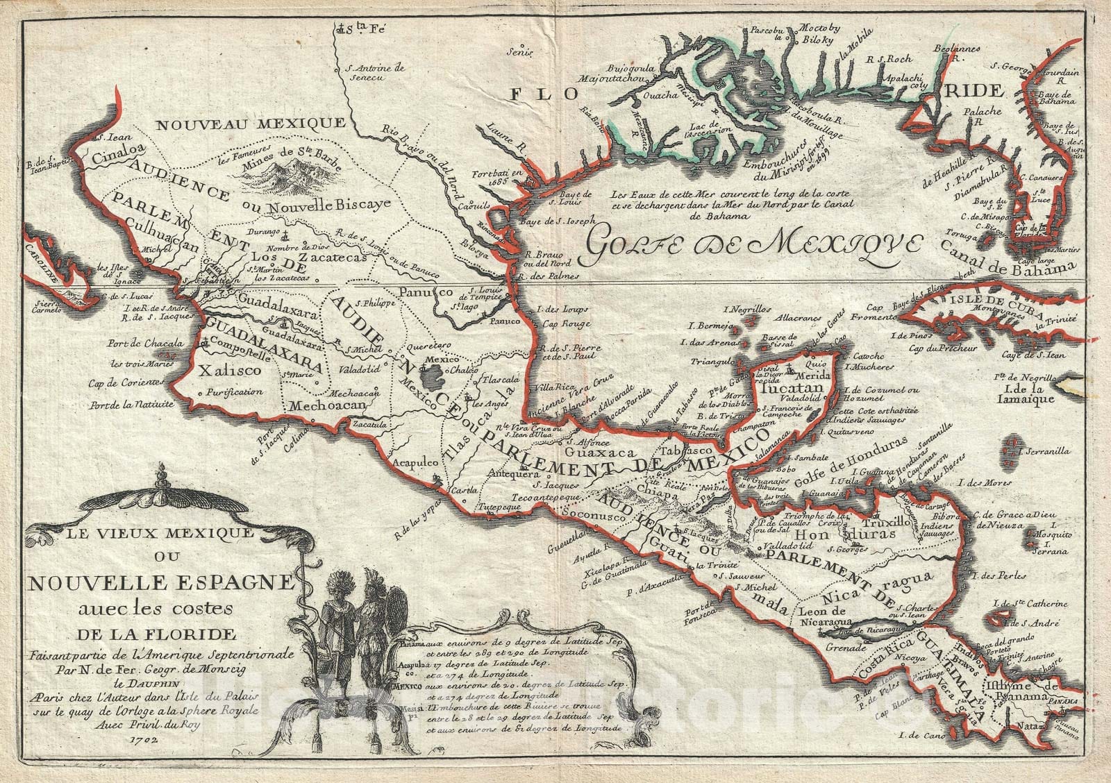 Historic Map : Mexico, Florida, and The Gulf Coast, De Fer, 1702, Vintage Wall Art