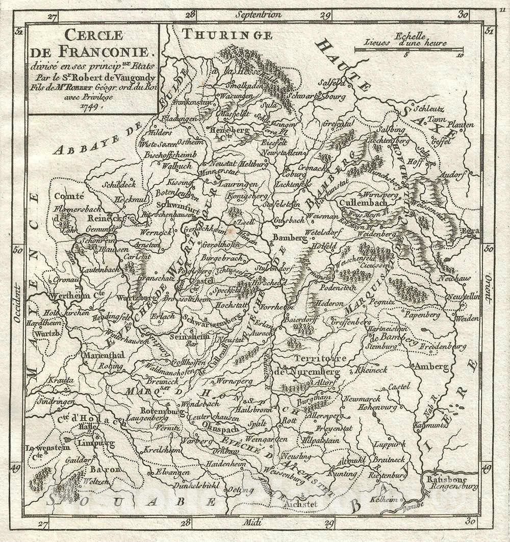Historic Map : Franconia, Germany, Vaugondy, 1749, Vintage Wall Art