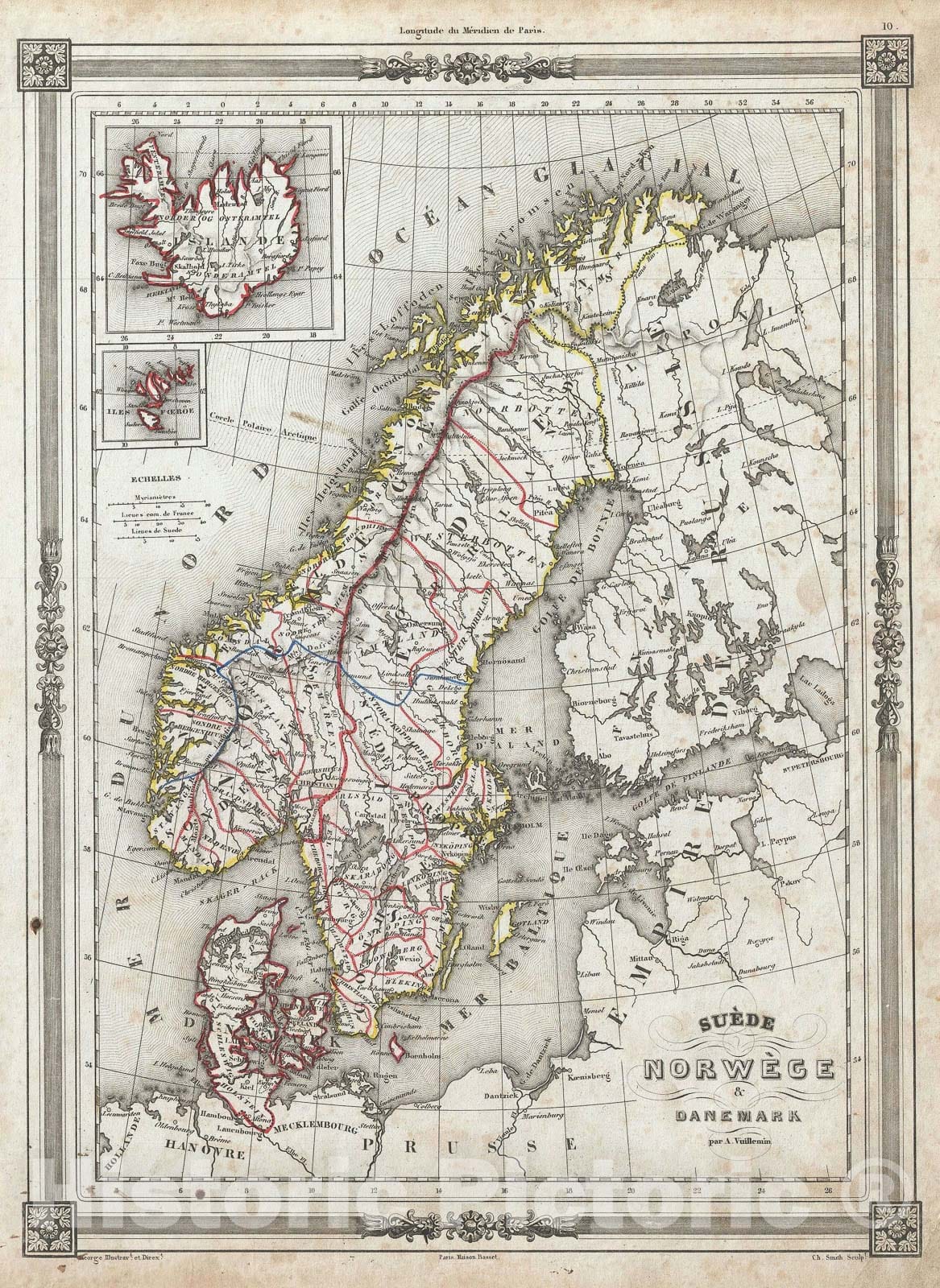 Historic Map : Scandinavia: Norway, Sweden and Denmark, Vuillemin, 1852, Vintage Wall Art