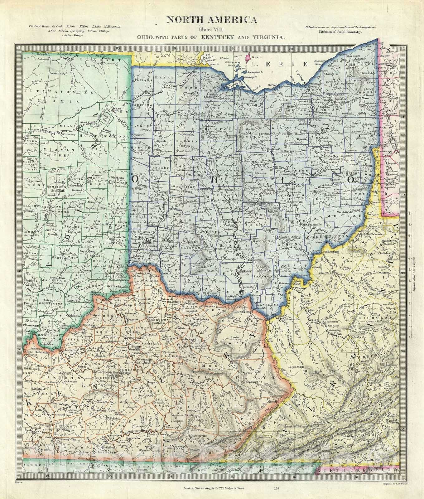 Historic Map : Ohio, Kentucky and Virginia, S.D.U.K., 1848, Vintage Wall Art