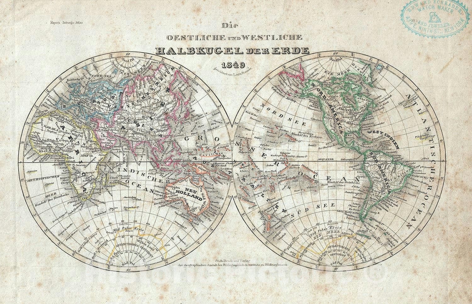 Historic Map : The World in Hemispheres, Meyer, 1849, Vintage Wall Art