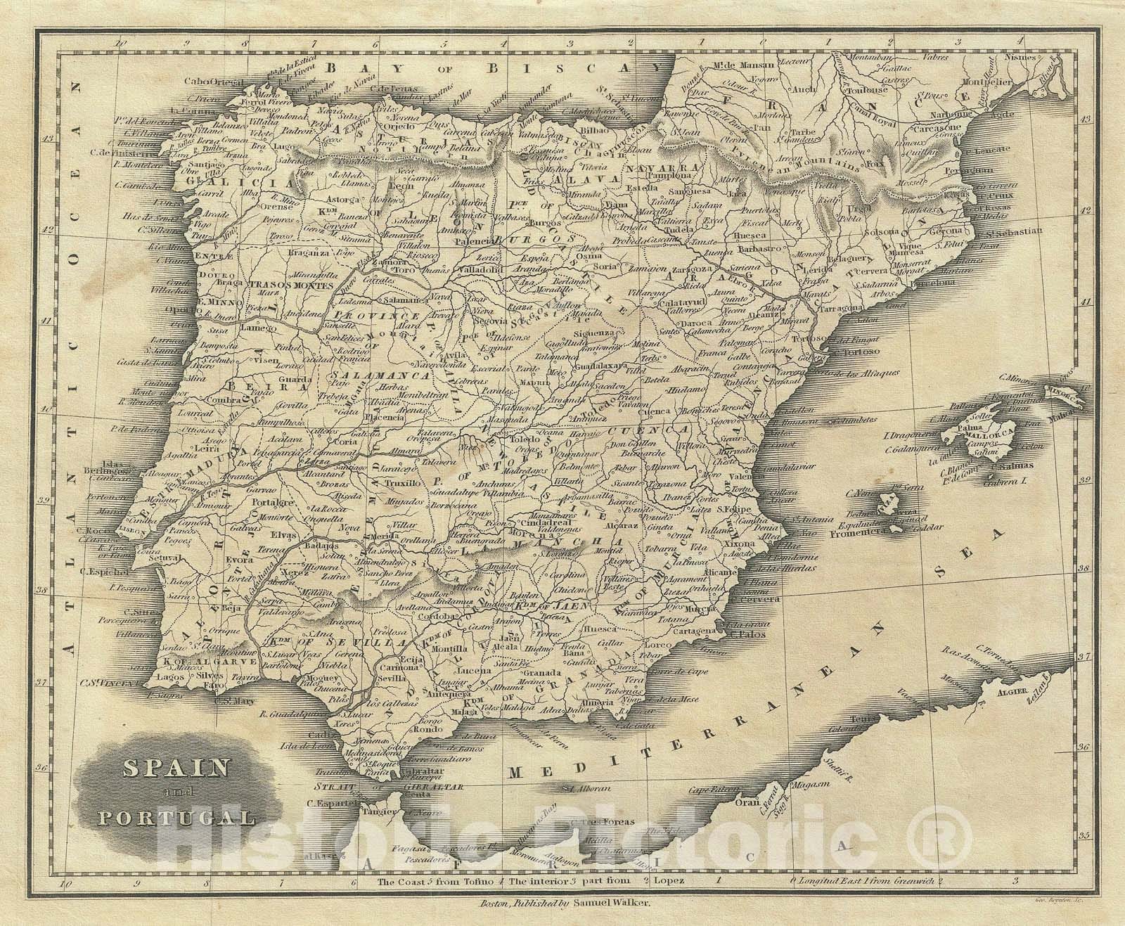 Historic Map : Spain and Portugal, Malte-Brun, 1828, Vintage Wall Art