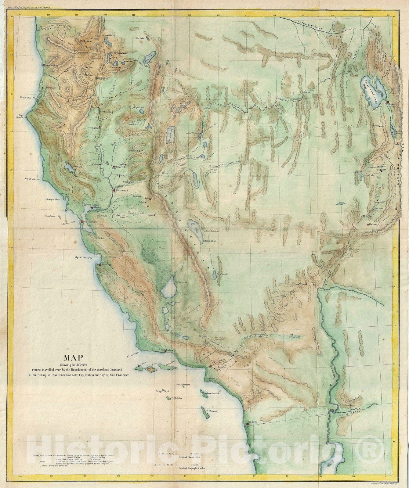 Historic Map : Salt Lake City, Utah to San Francisco Bay, California, U. S. War Department, 1855, Vintage Wall Art
