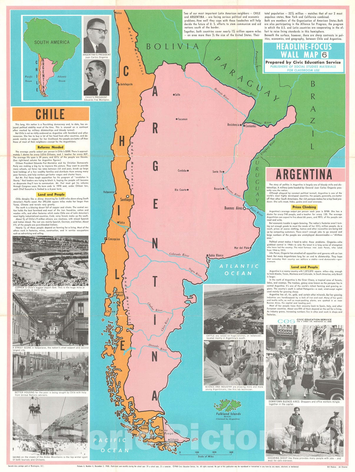 Historic Map : Argentina and Chile, 1968, Vintage Wall Art