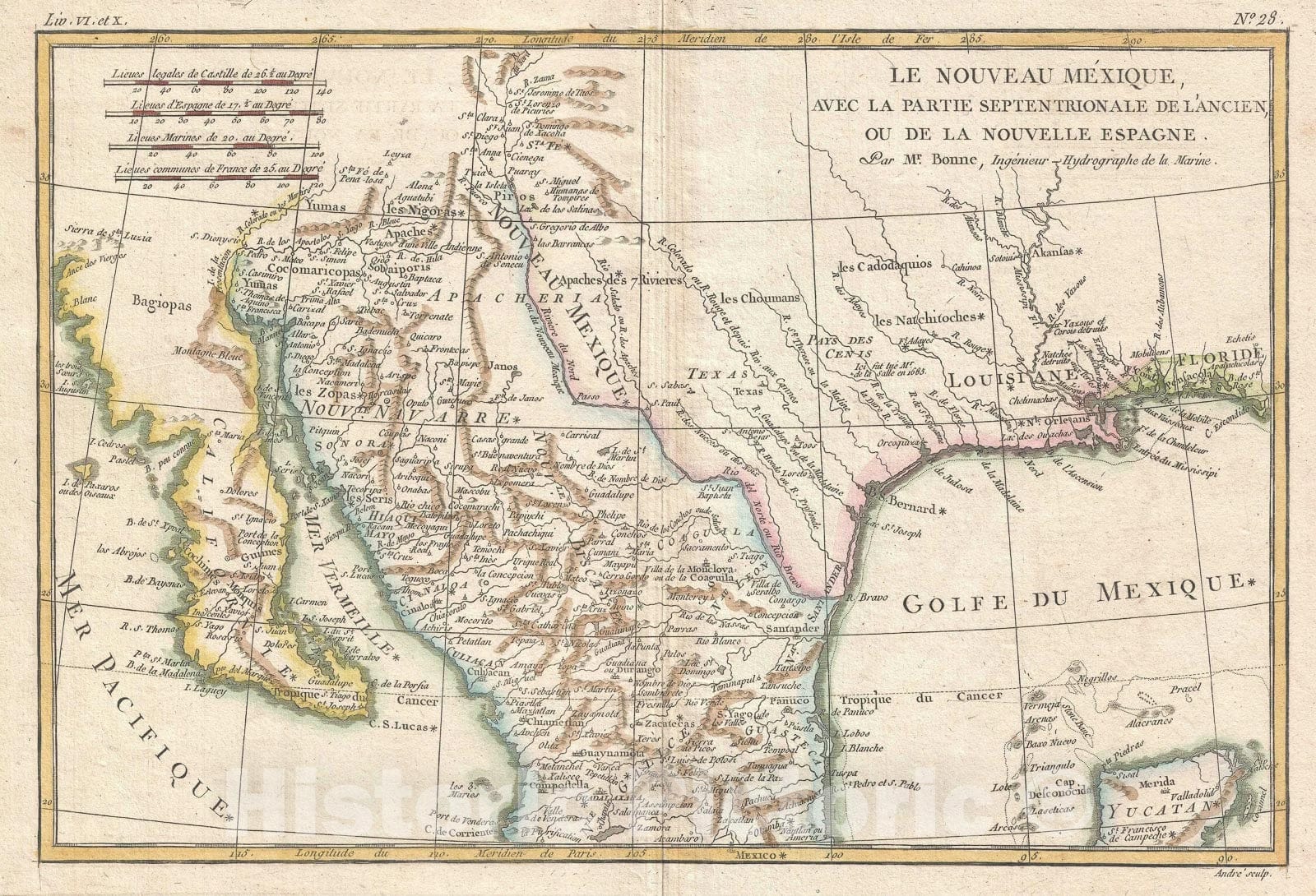 Historic Map : Texas, Louisiana, and New Mexico, Bonne, 1780, Vintage Wall Art