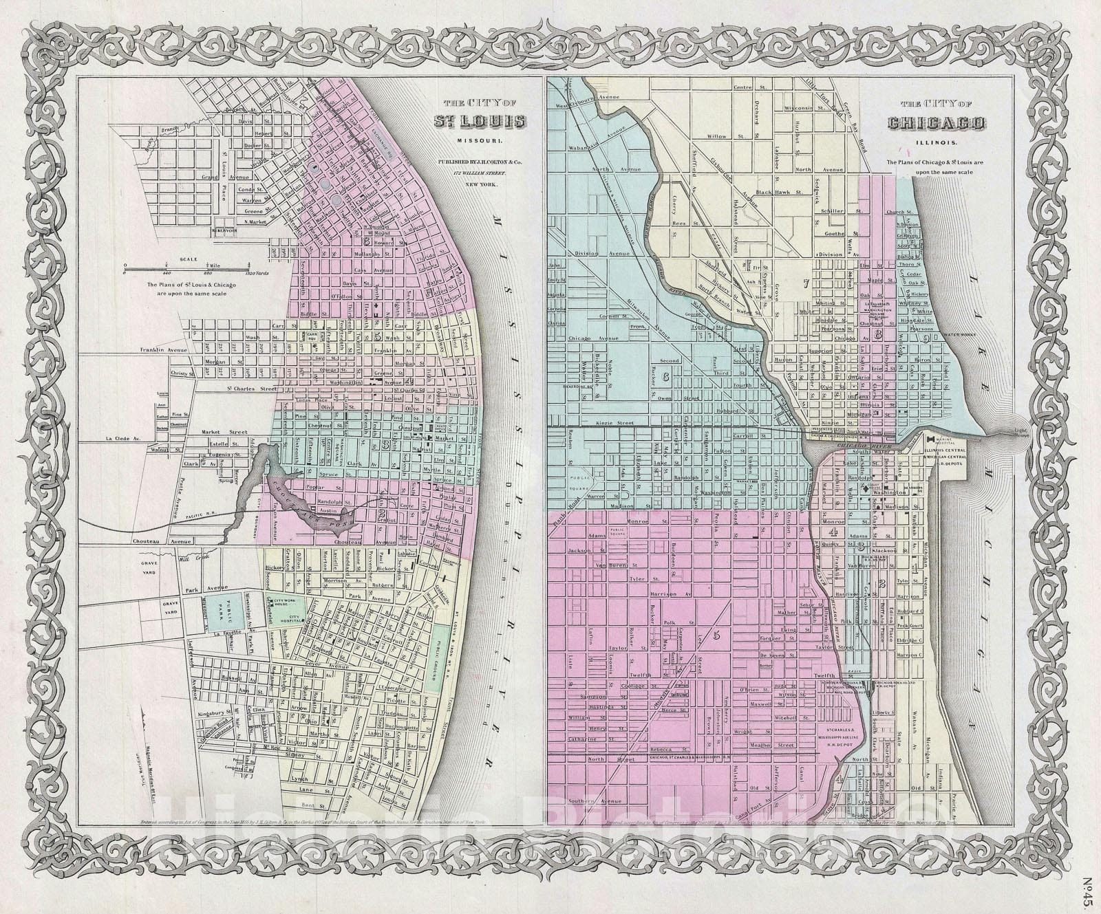 Historic Map : Plan of Chicago, Illinois and St. Louis, Missouri, Colton, 1856, Vintage Wall Art