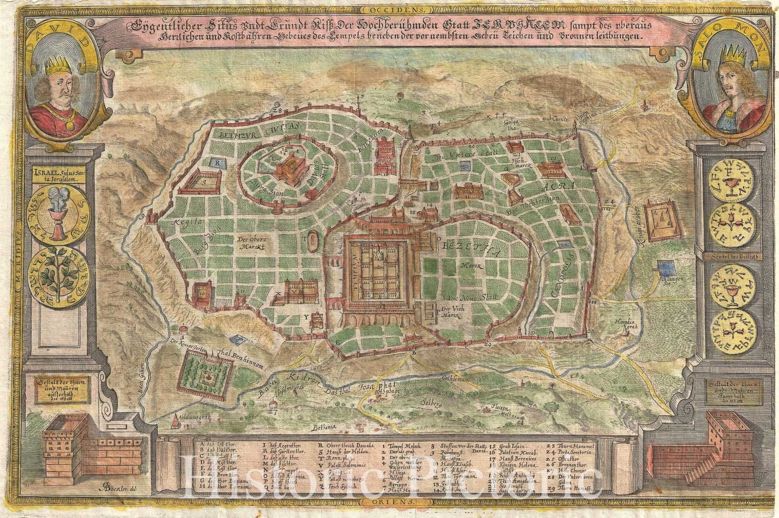 Historic Map : Jerusalem, with King David &amp; Solomon, Bockler, 1670, Vintage Wall Art