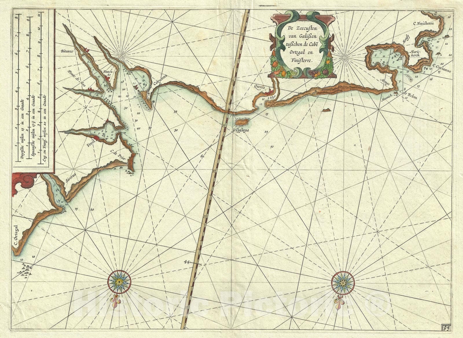 Historic Map : Nautical Chart Cape Ortegal to Cape Finisterre, Spain, Blaeu, 1623, Vintage Wall Art