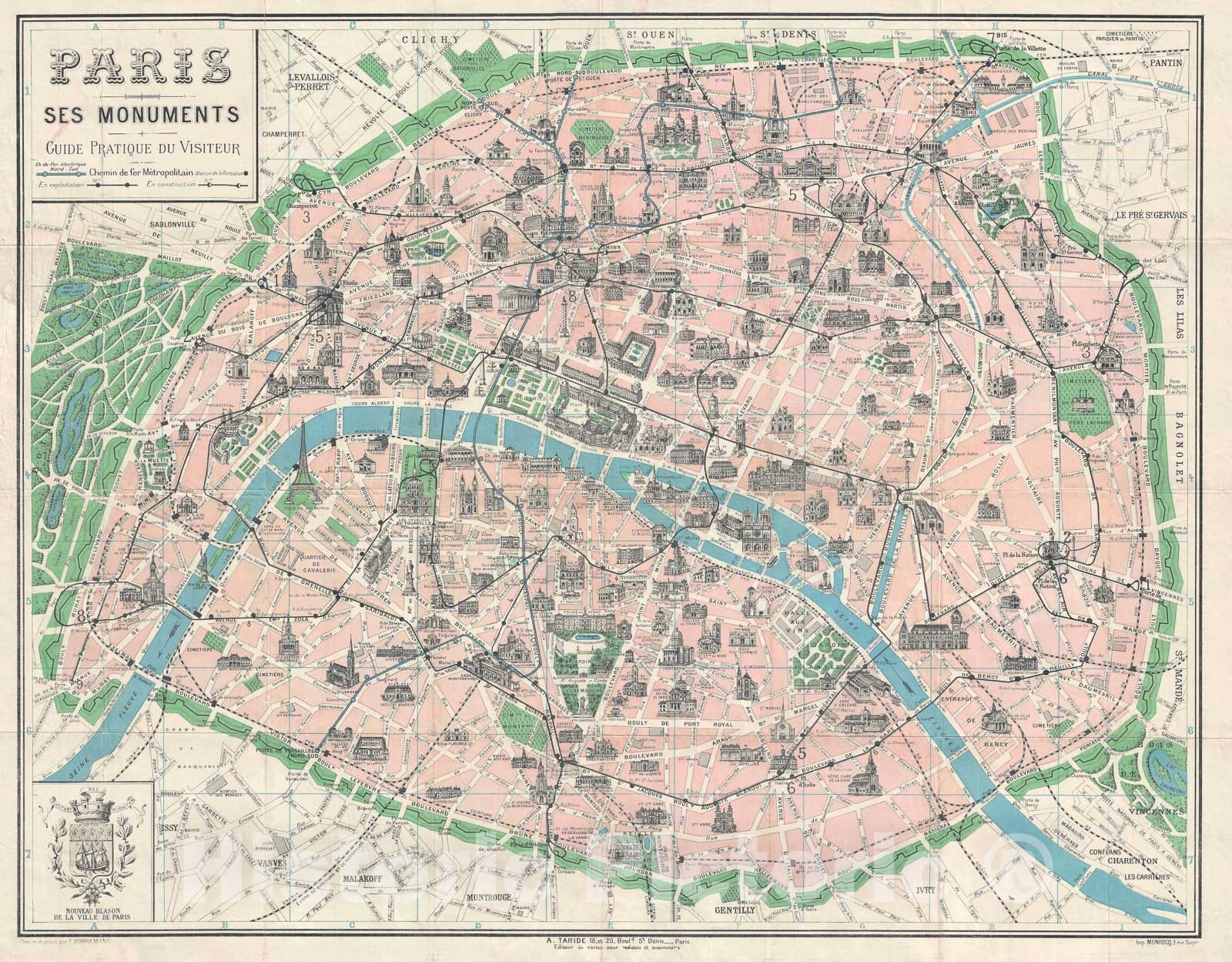 Historic Map : Borremans Pictorial Map of Paris, France w/ Monuments, 1925, Vintage Wall Art