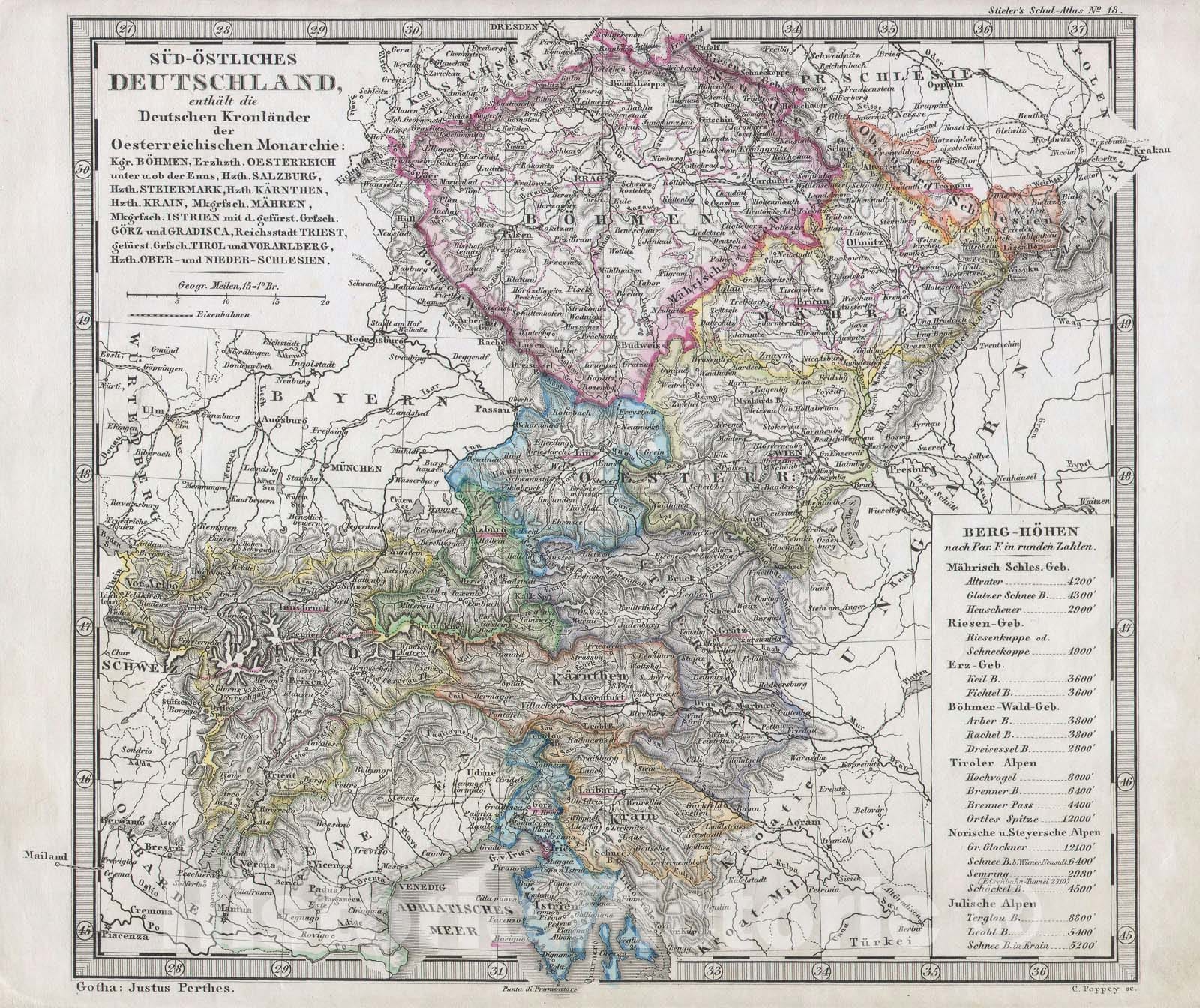 Historic Map : Bohemia and Austria, Perthes, 1862, Vintage Wall Art