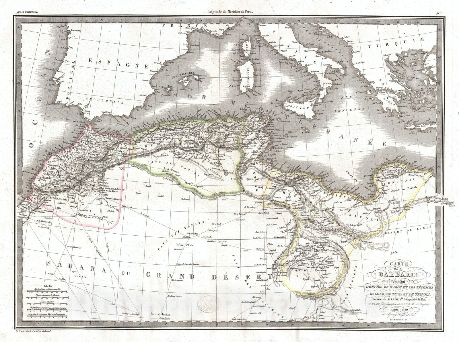 Historic Map : The Barbary Coast: Morocco, Algeria, Lybia, Lapie, 1829, Vintage Wall Art