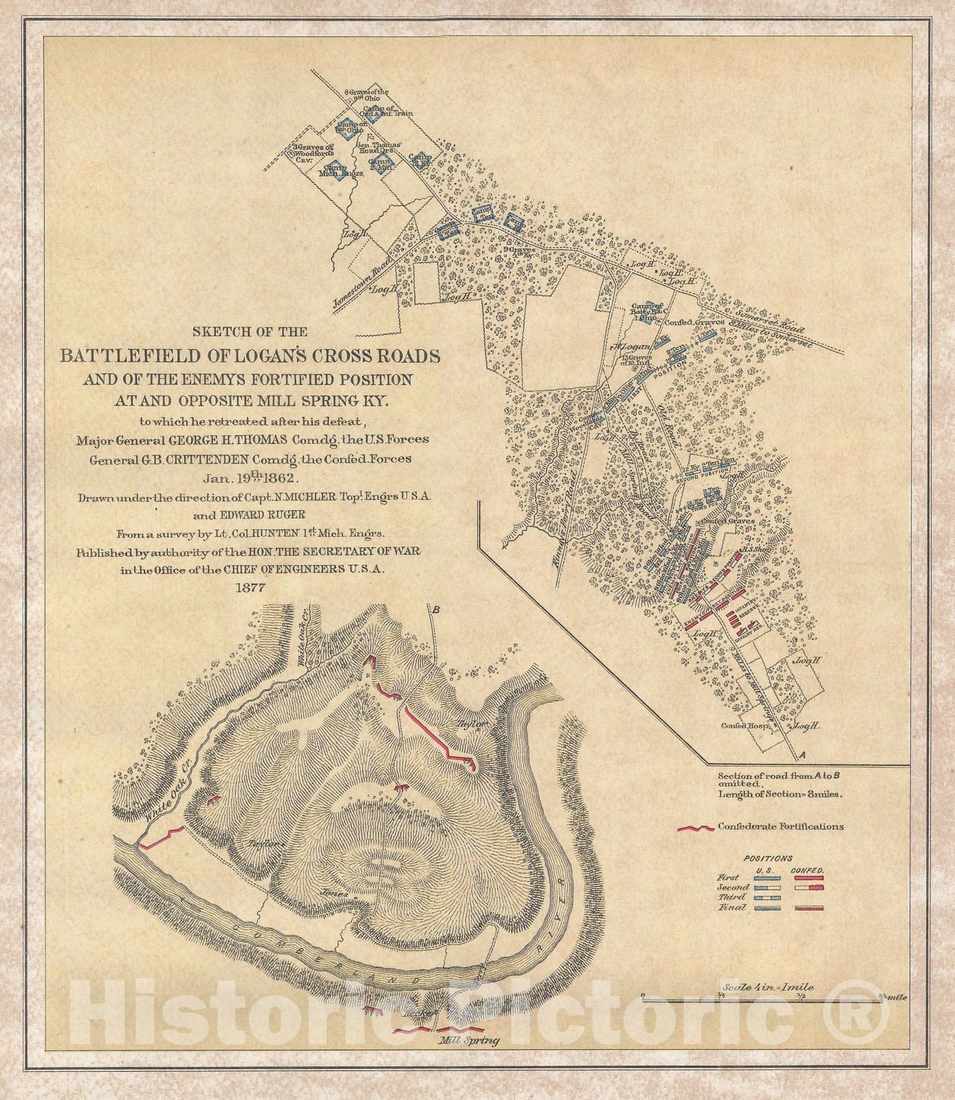 Historic Map : Battlefield of Logan's Crossroads / Mills Springs, Kentucky, Ruger, 1877, Vintage Wall Art