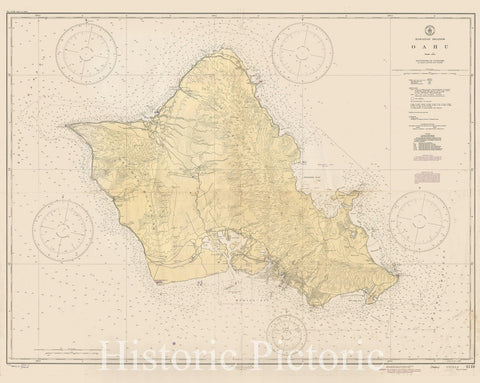Historic Map : Nautical Chart Oahu, Hawaii, U.S. Coast Survey, 1945, Vintage Wall Art